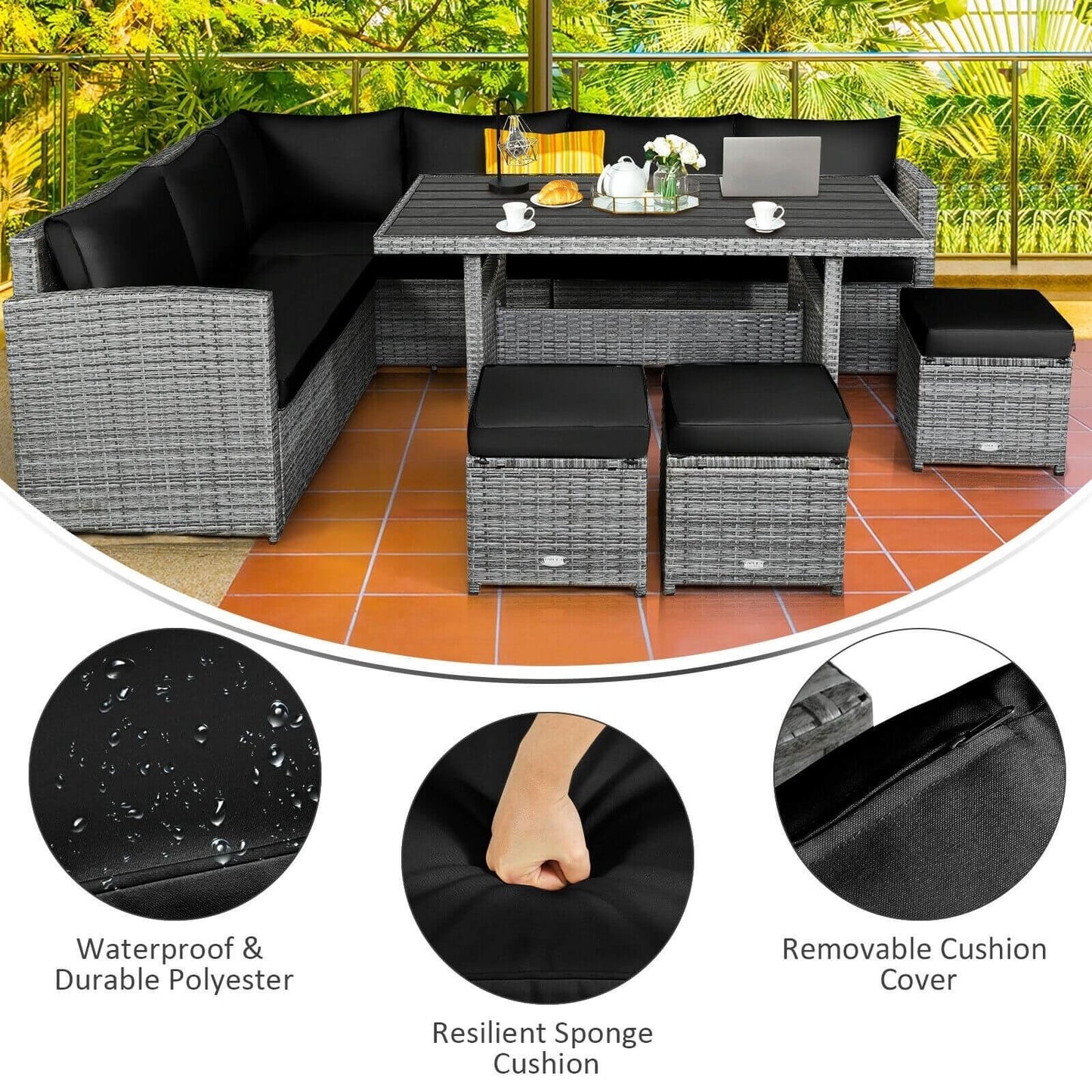 7 Pcs All-Weather Patio Rattan Dining Furniture Sectional Sofa Set with Wicker Ottoman and Cushed Couch-Off White