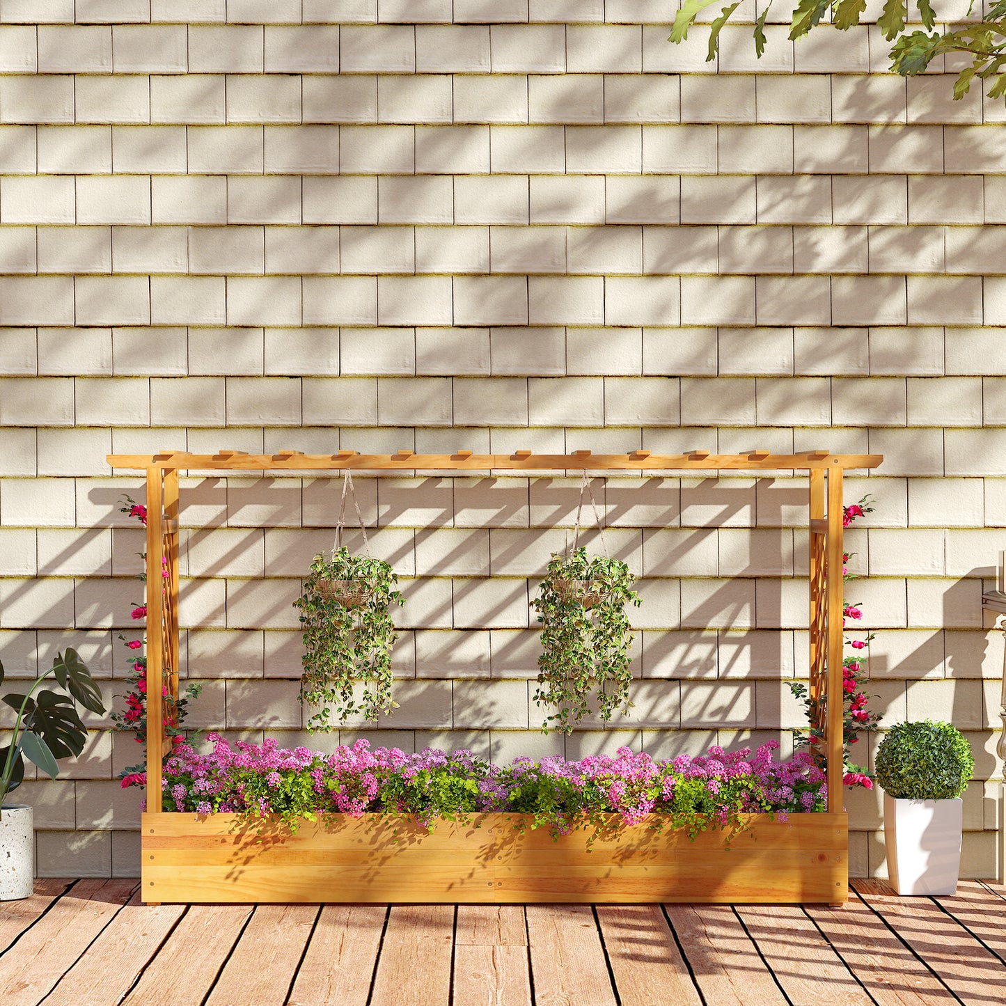 45 Inch Wooden Raised Garden Bed with Lattice Trellis for Outdoor-Natural