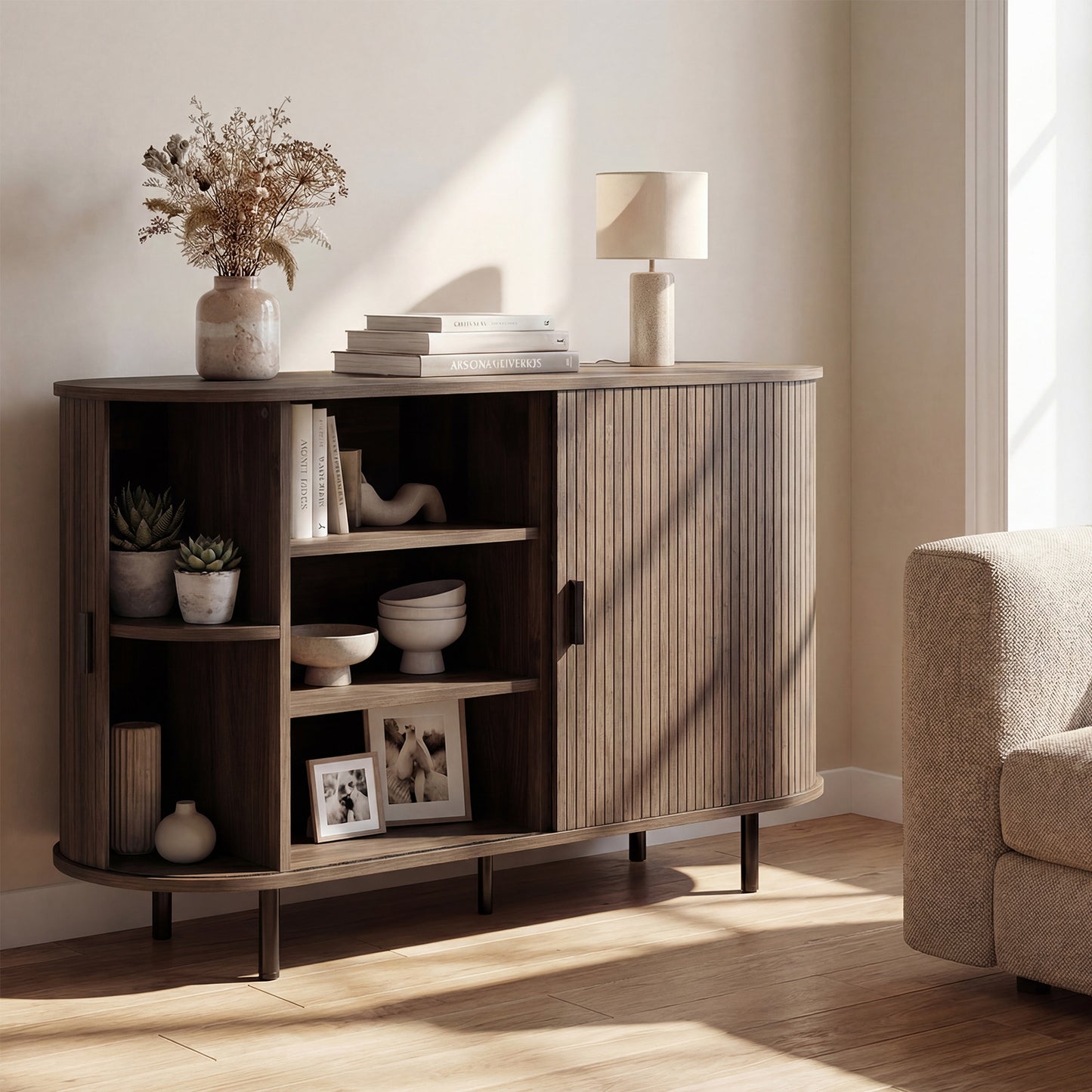 47 Inch Fluted Sideboard Buffet Cabinet with Tambour Sliding Doors and Metal Legs-Grey