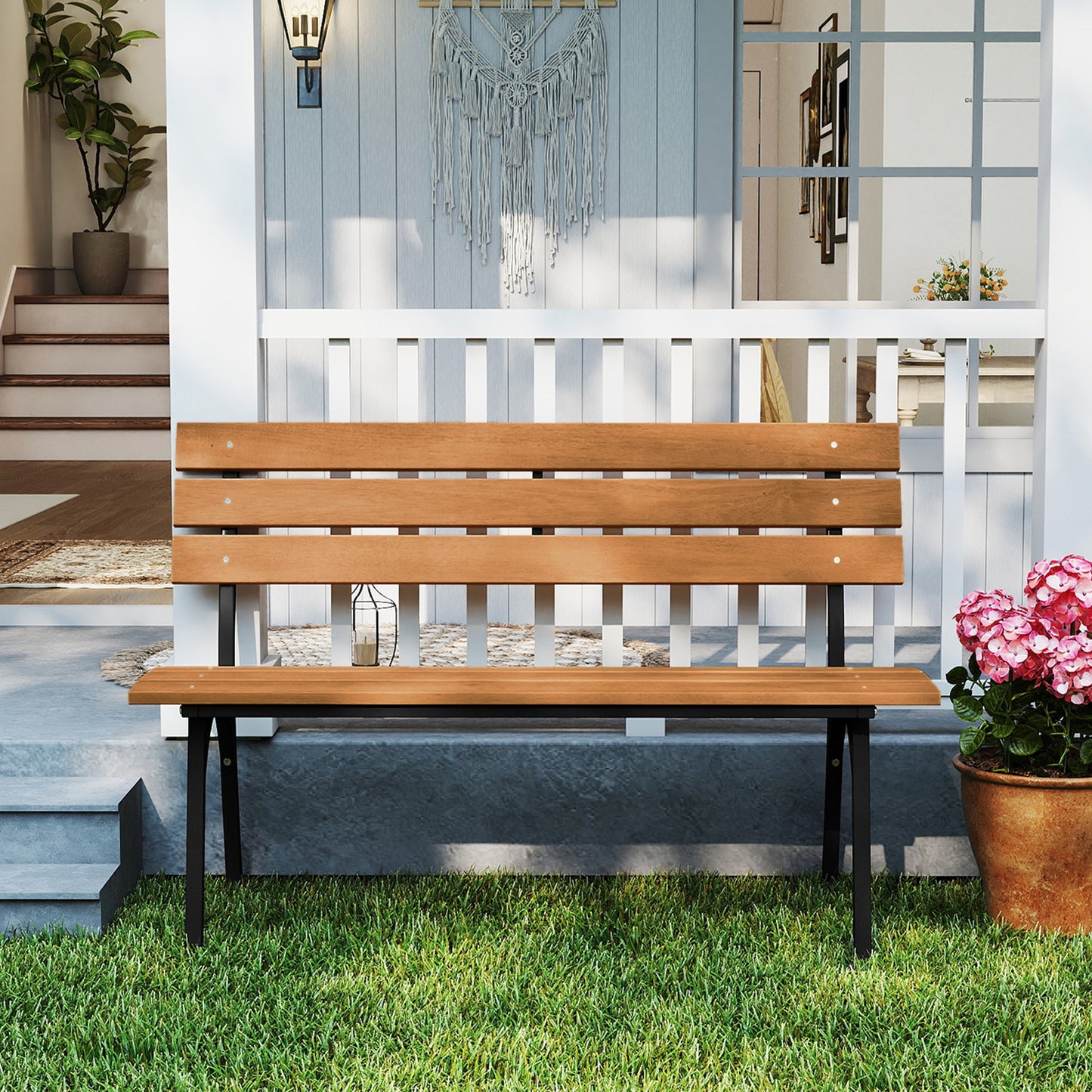 47 Inch Outdoor Acacia Wood Bench with Metal Frame and Slatted Seat