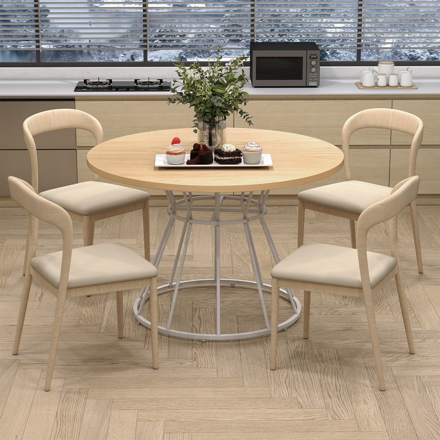 47 Inches Round Dining Table for 4 Farmhouse Kitchen Table with Wooden Tabletop-Black