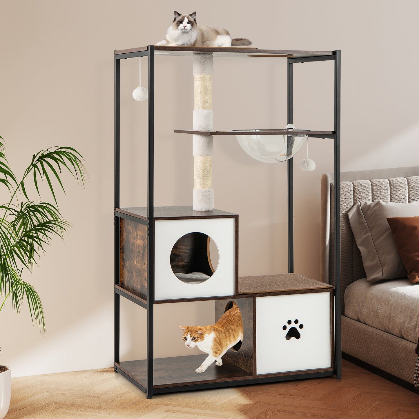 52 Inch Tall Wooden Cat Tree Metal Frame with 2 Condos and Cushions-Coffee