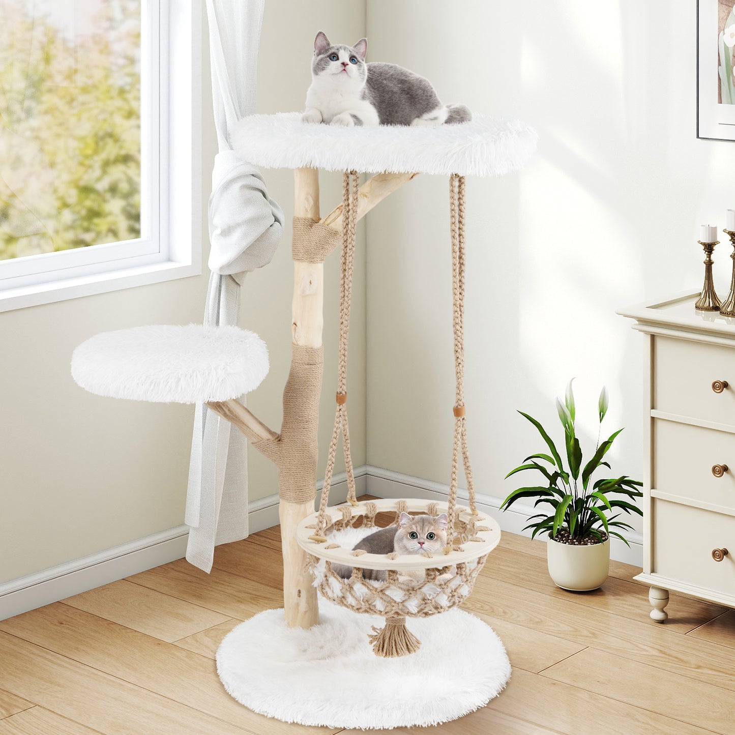 48.5 Inch Solid Wood Cat Tree with Hanging Cradle and Jute Scratching Post-White