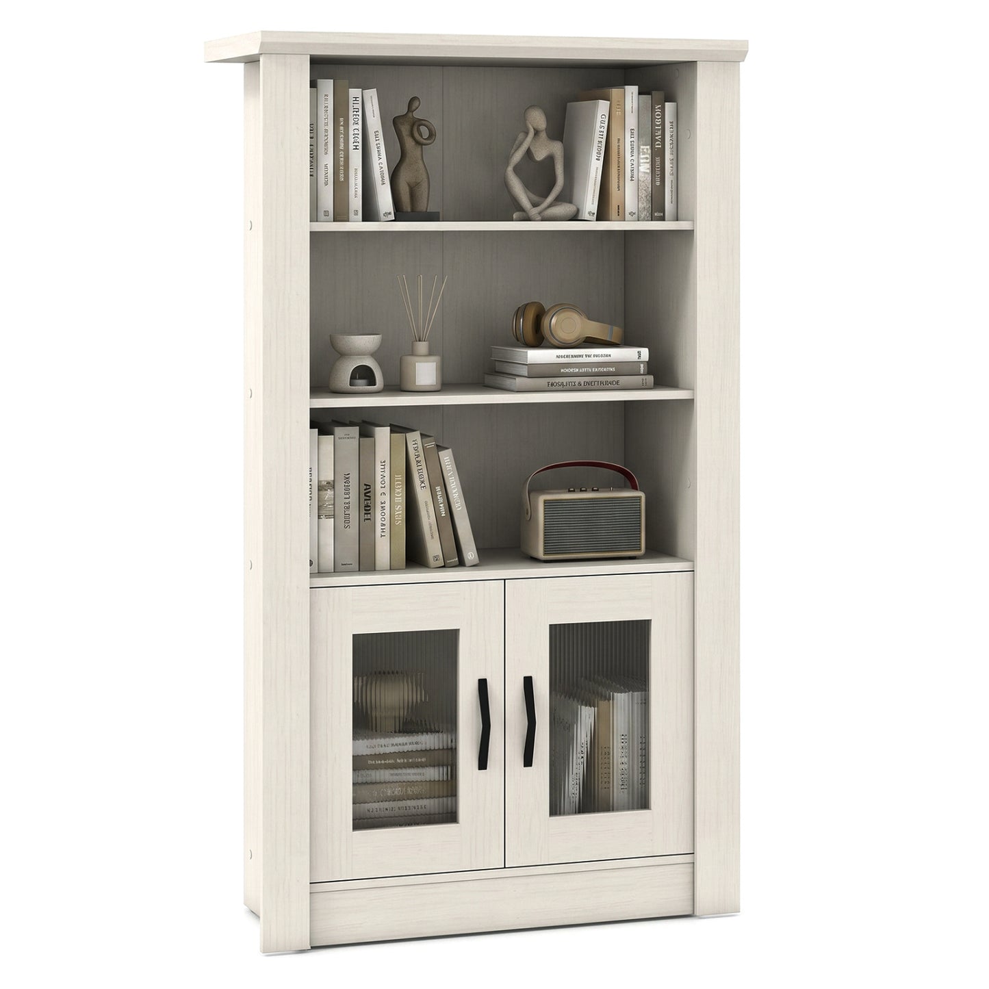 48.5" Modern Bookcase 4-Tier with 2 Translucent Fluted Doors and Anti-Tipping Kits-White