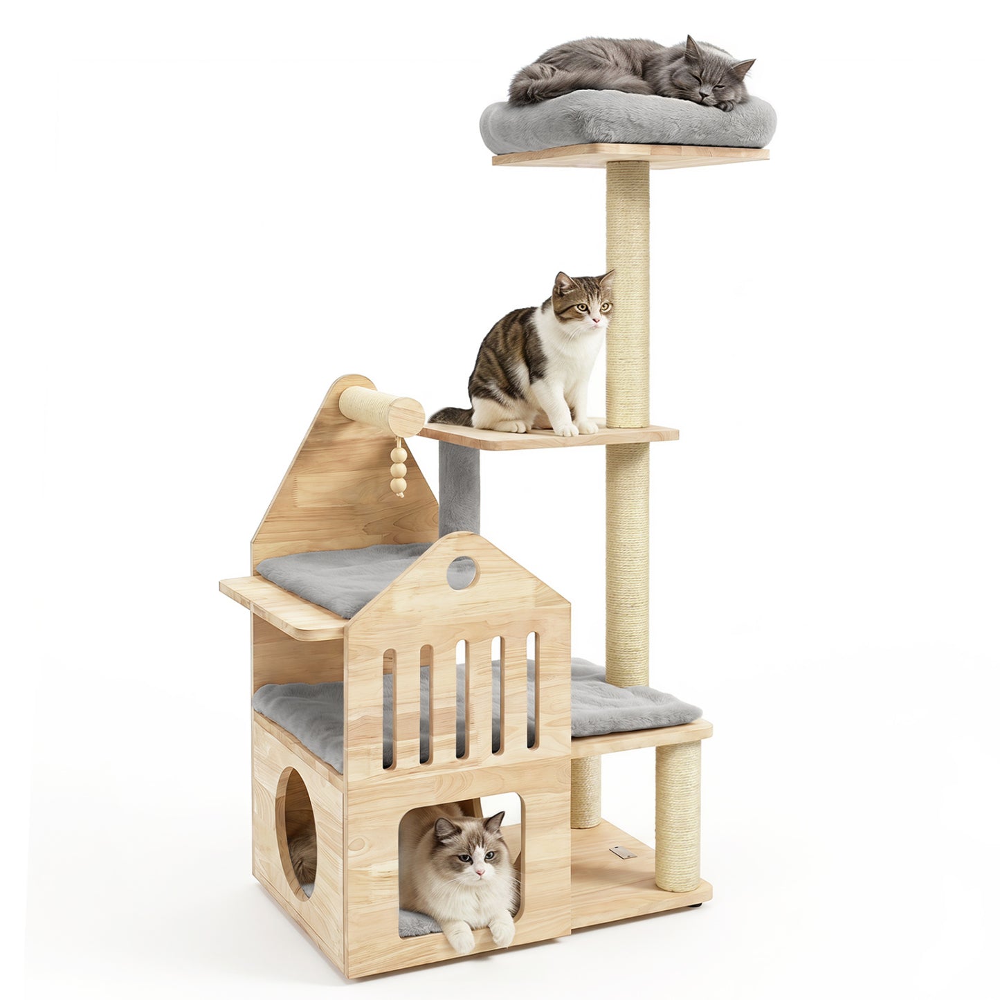48.5" Multi-Level Solid Wood Cat Tree for Indoor Cats with Padded Top Perch Cat Condo and Sisal Scratching Posts-Beige