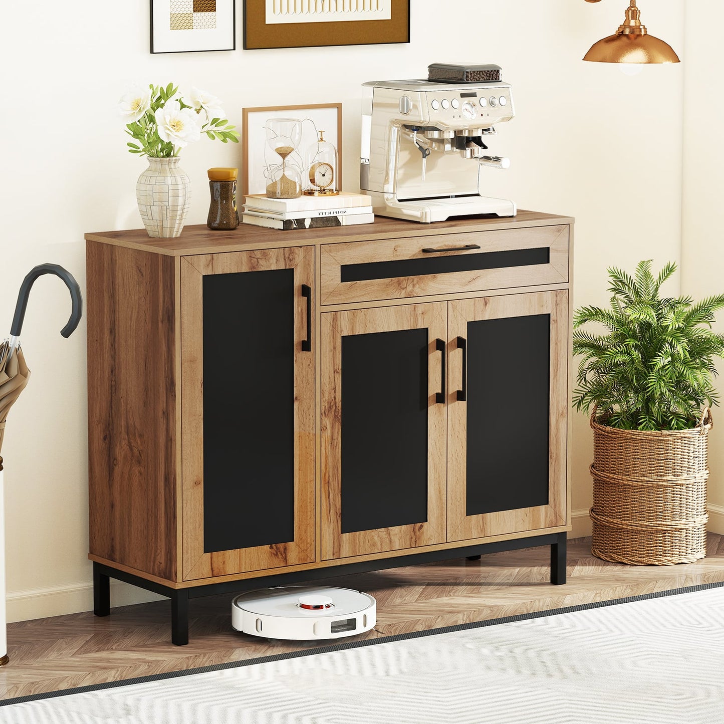 48 Inch Sideboard Buffet Cabinet with Drawer and Metal Legs-Natural