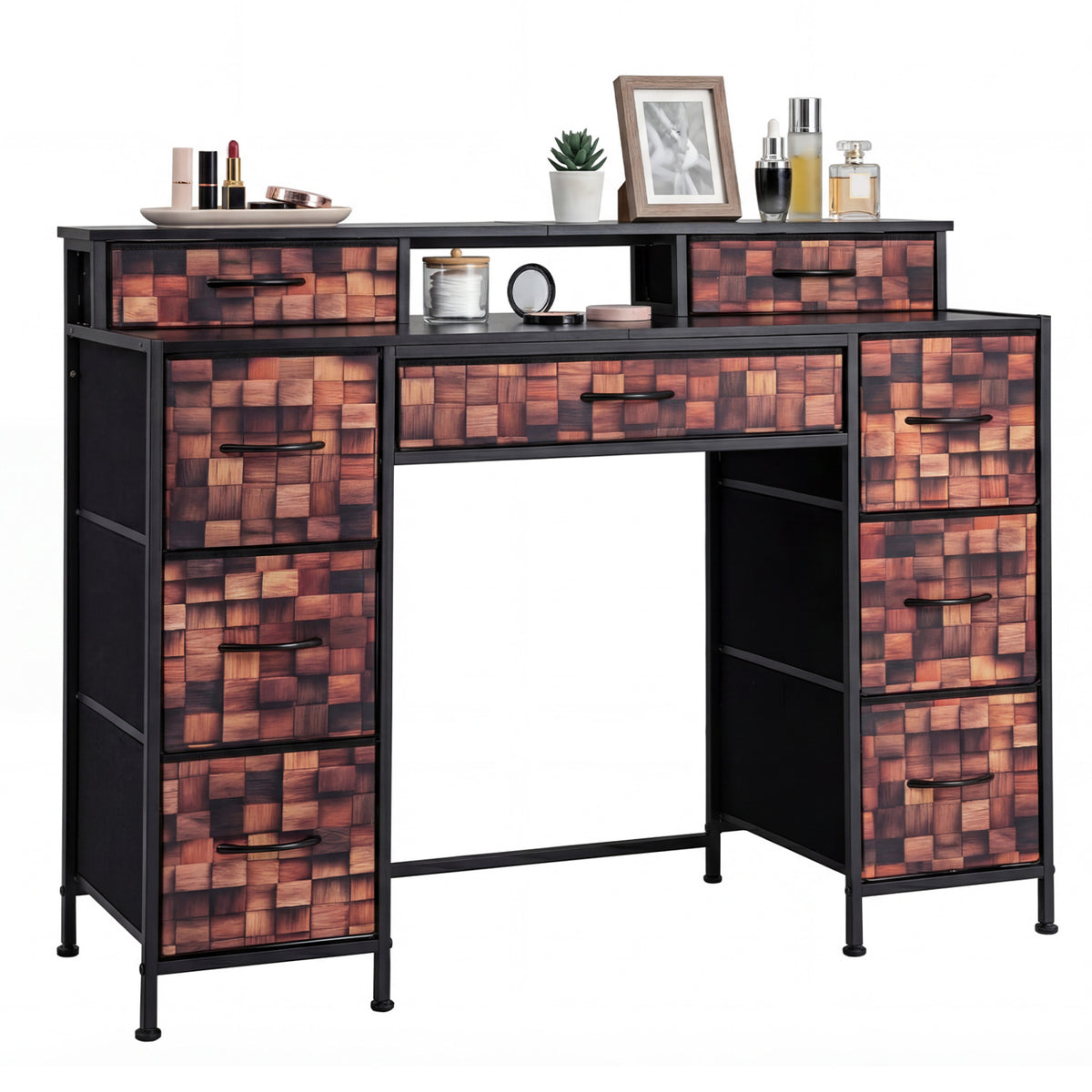 48" Vintage 9-Drawer Dresser with Raised Shelf and Fabric Drawers and Wooden Top-Brown + Black
