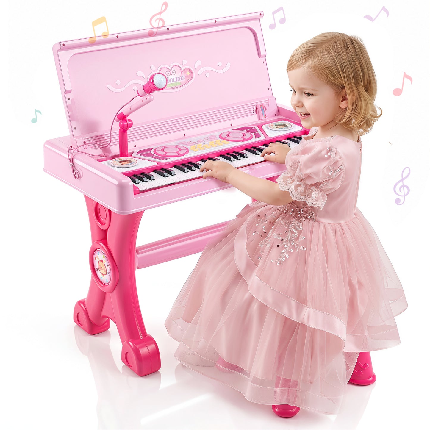 49 Keys Kids Electric Piano Keyboard Toy w/ Stool & Microphone Lights & Multiple Sounds-Pink