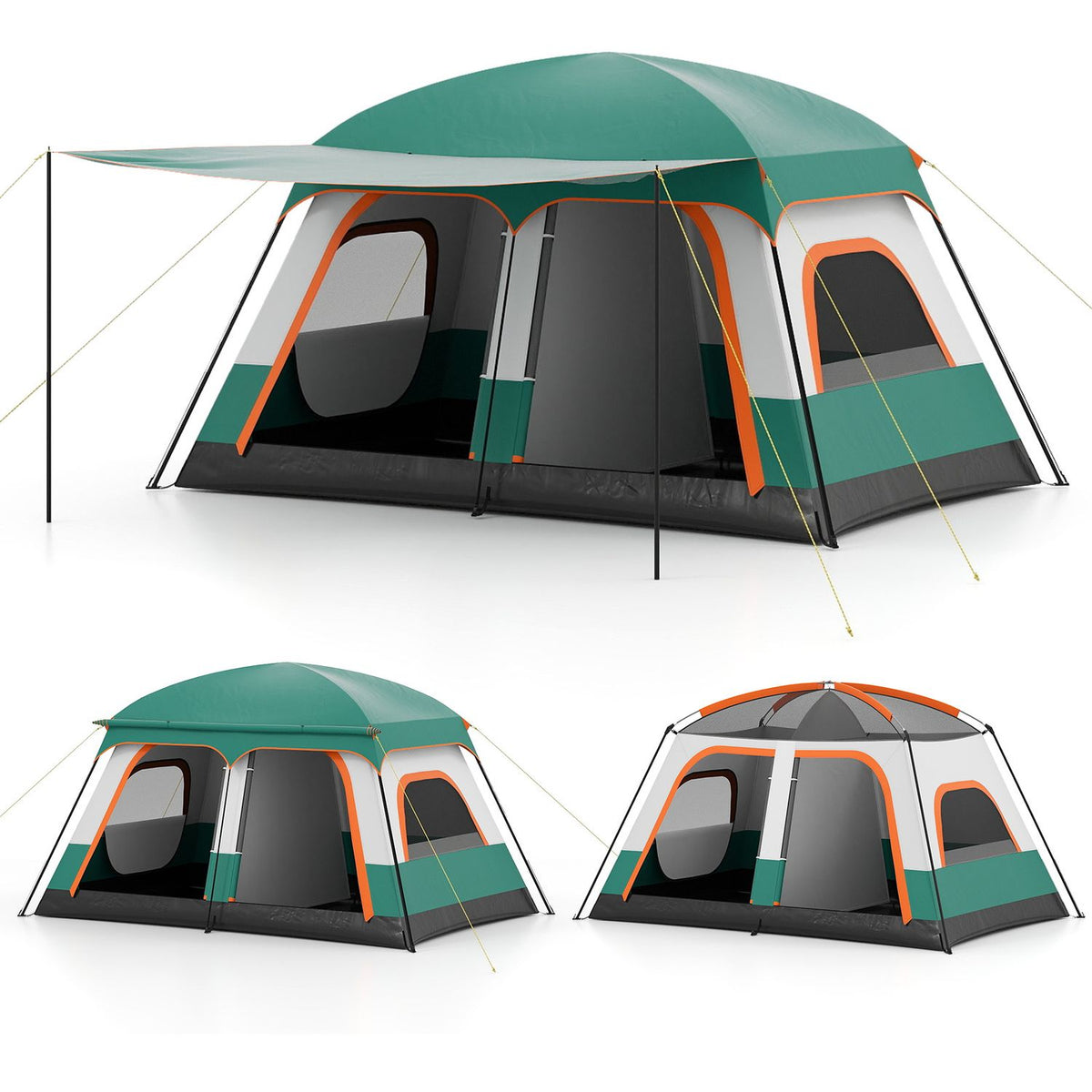 4-10 Person Camping Tent in Green Color with Porch and 2 Rooms for Backpacking-M