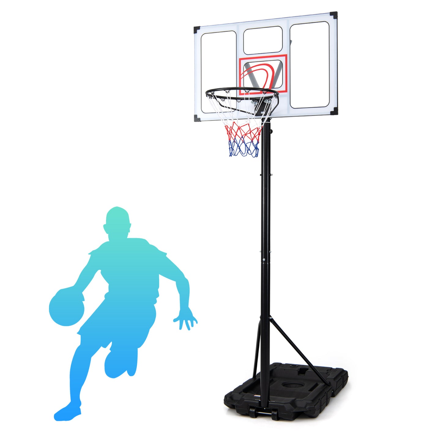 Portable Wilsons Home Store basketball hoop, 4.1-10 feet adjustable height with heavy-duty fillable base for outdoor sports fun.