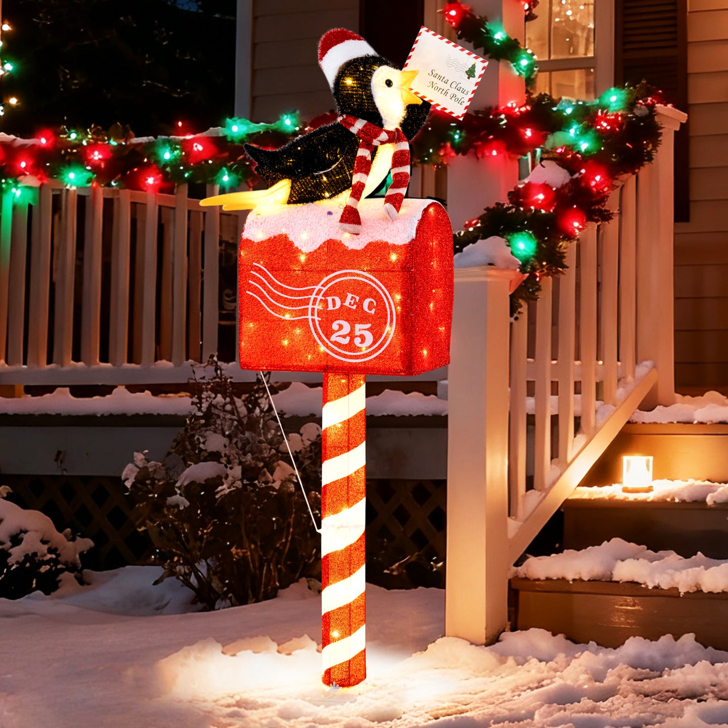 4.8 FT Christmas Lighted Penguin on Mailbox Pre-lit Xmas Decoration with 100 LED Warm White Lights