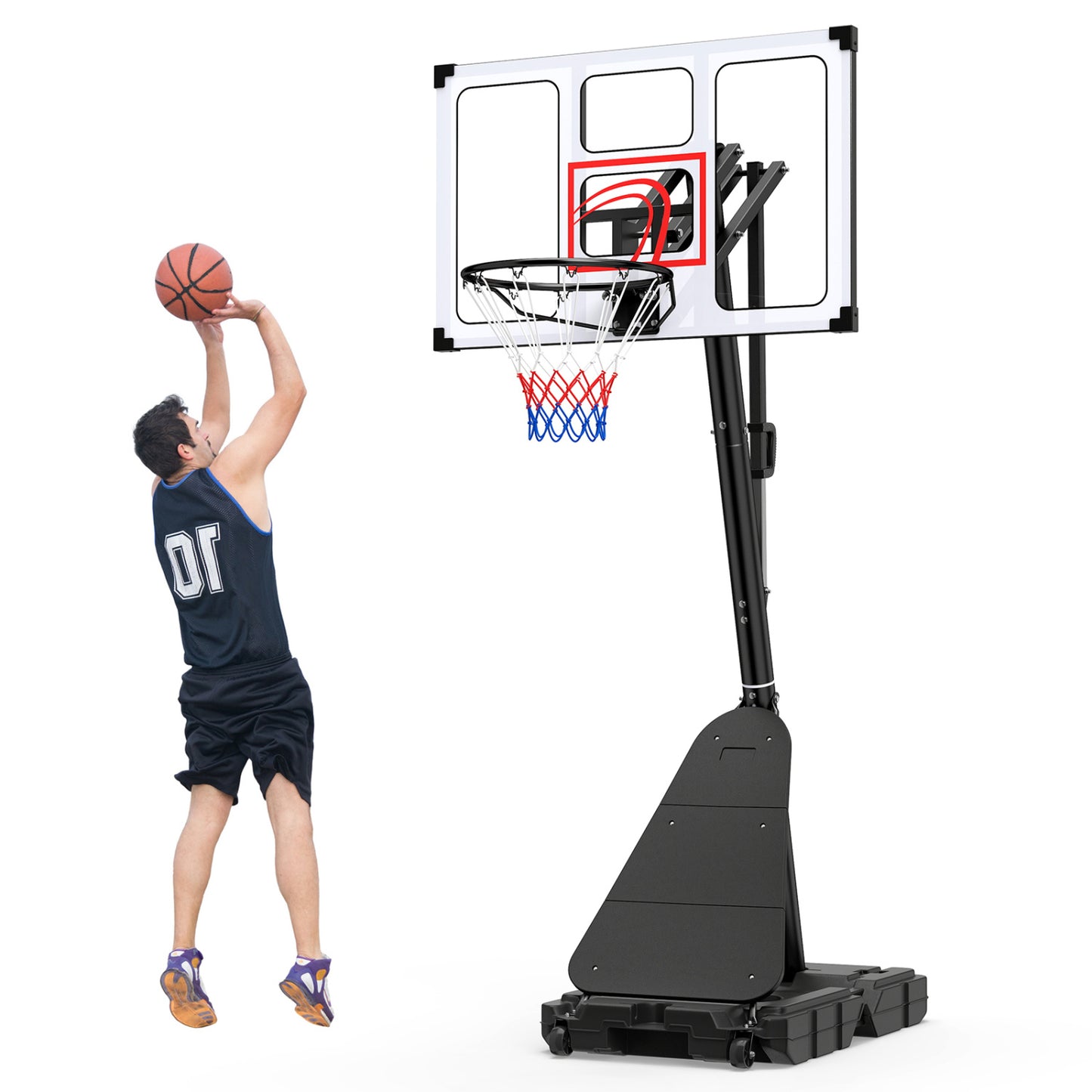 Portable basketball hoop from Wilsons Home Store, adjustable height 4.9-10 feet with fillable base and ball storage.