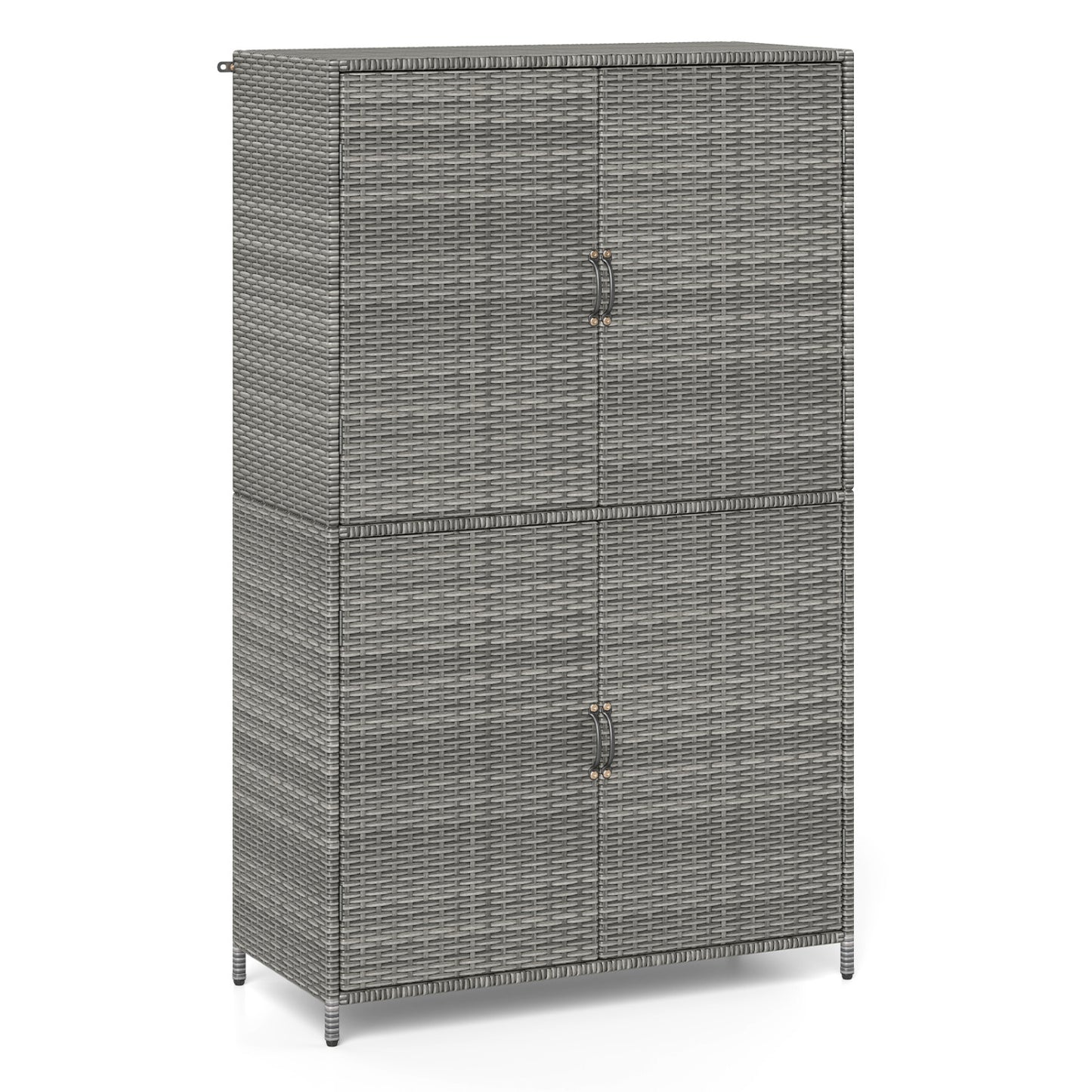 Black 4-door rattan outdoor storage shed with adjustable shelves, ideal for garden organization and outdoor storage solutions.