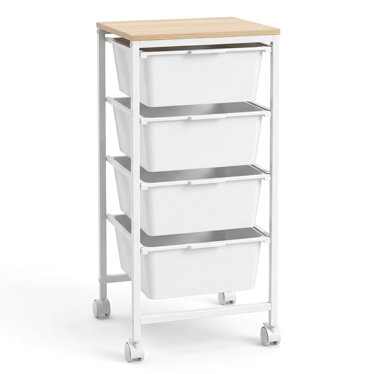 4-Drawer Rolling Storage Cart Mobile Utility Organizer with Wooden Tabletop and Lockable Wheels-White