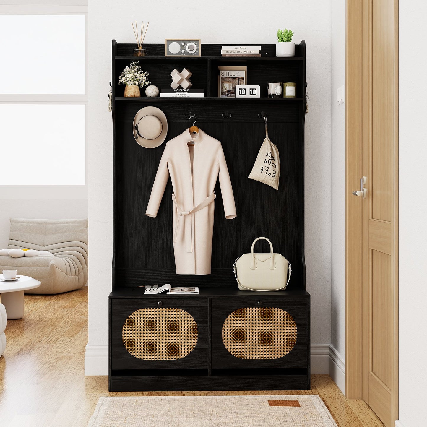 4-In-1 Hall Tree with Coat Rack and Flip Drawers for Entryway Mudroom-Black
