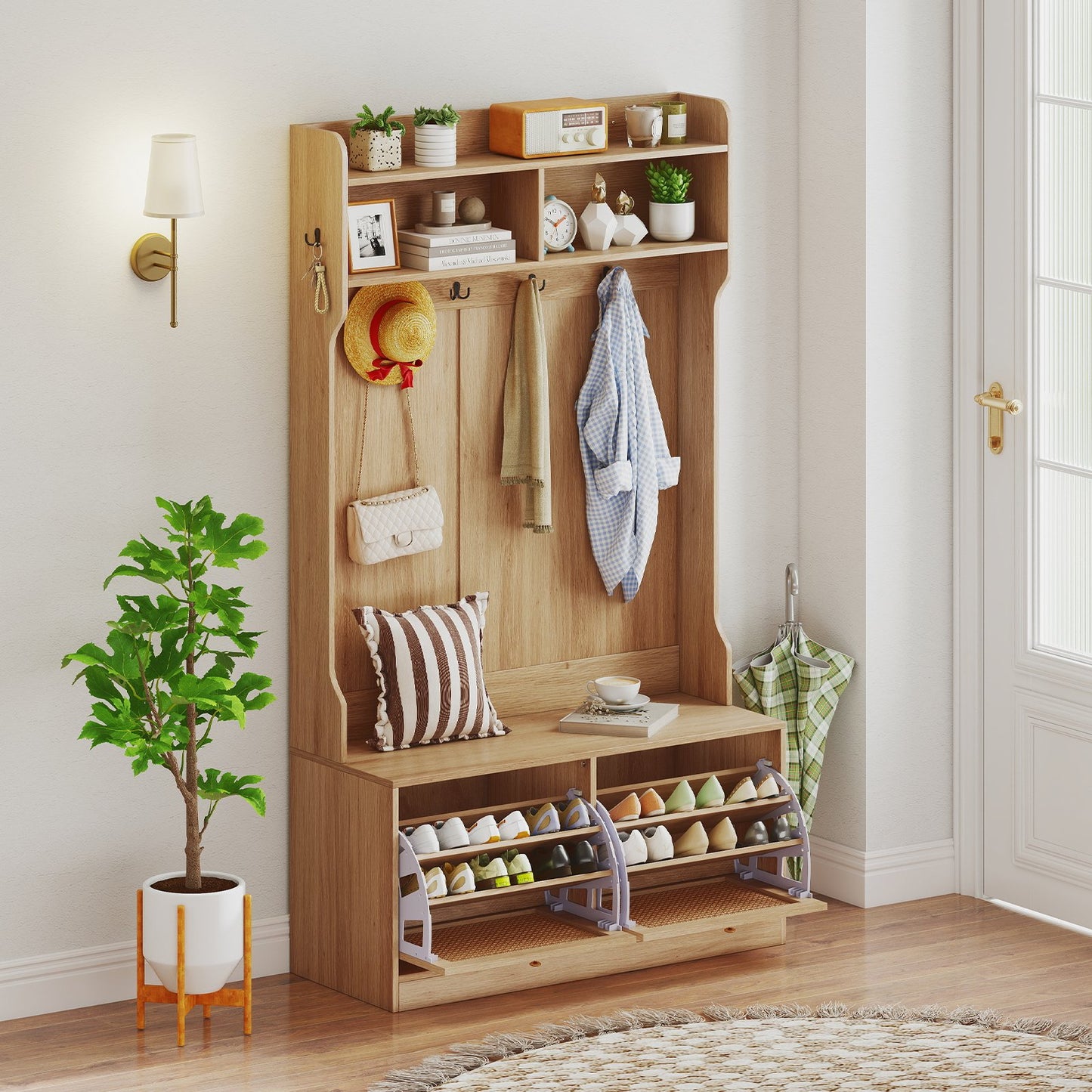 4-In-1 Hall Tree with Coat Rack and Flip Drawers for Entryway Mudroom-Black