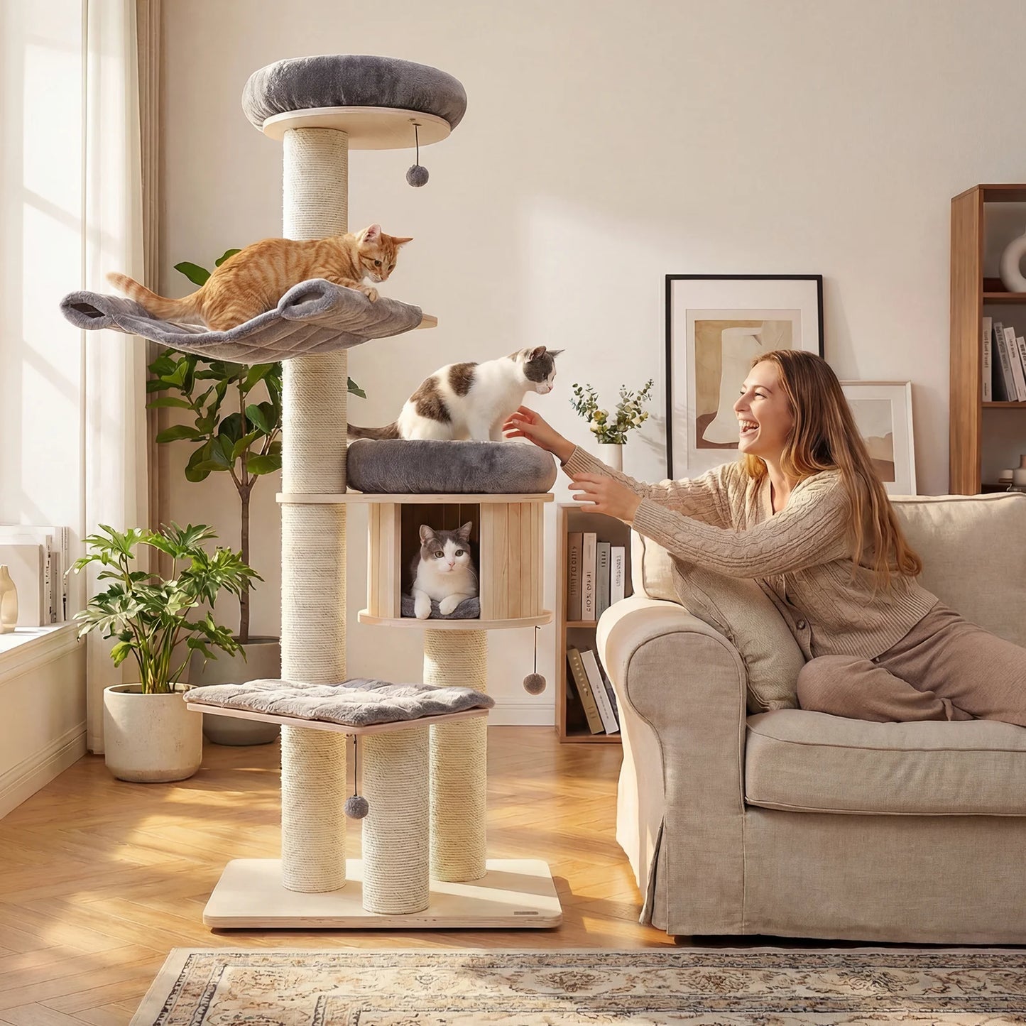 4-Layer 68.5-Inch Wooden Cat Tree Condo Activity Tower with Sisal Posts-Gray