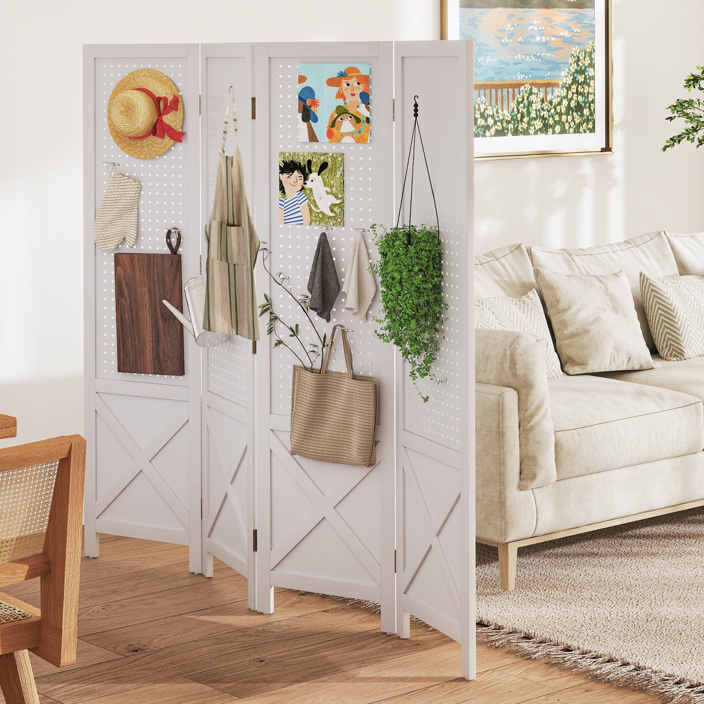4-Panel Pegboard Display Stand Folding Room Divider with Solid Wood Frame-White