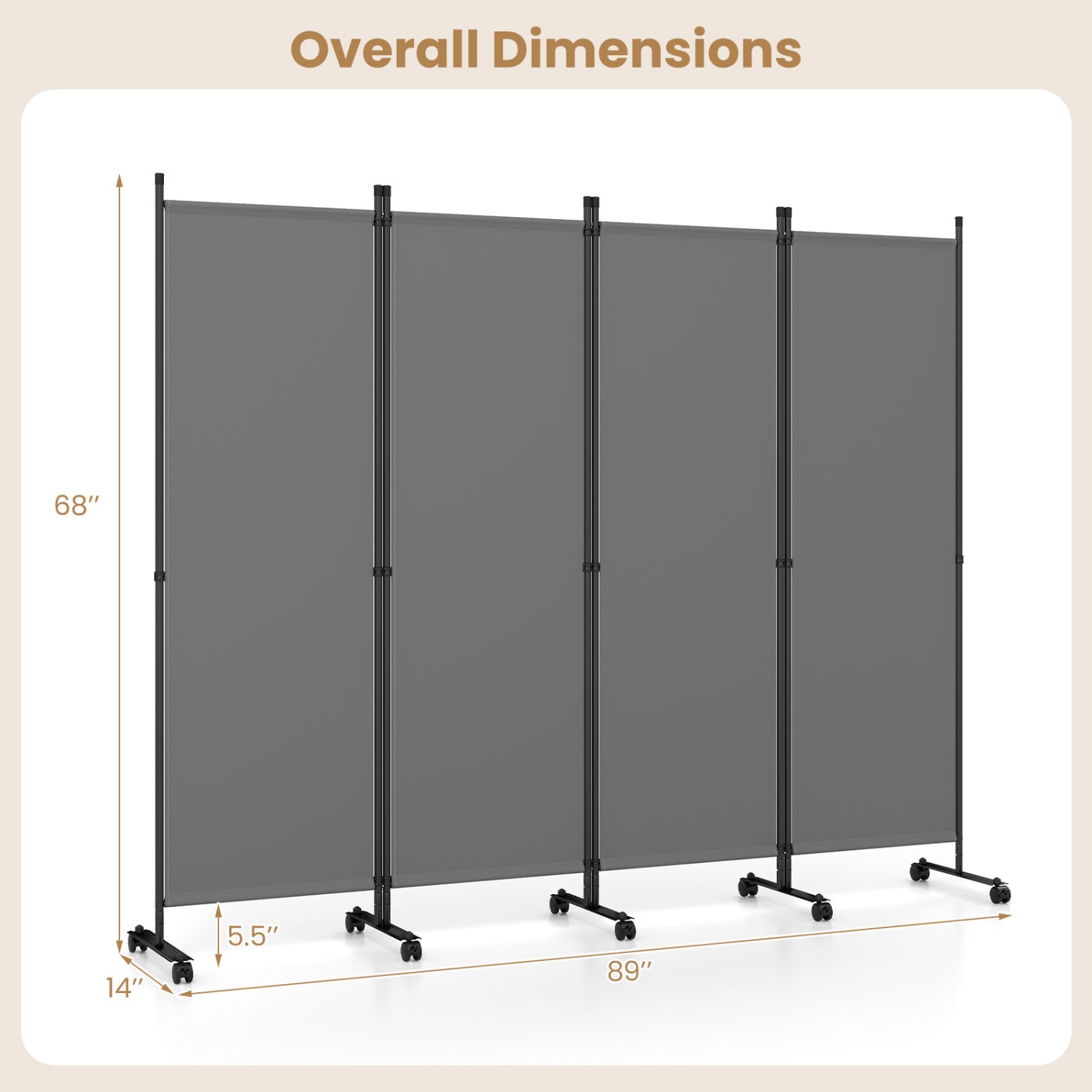 Beige 4-panel room divider with lockable wheels, perfect for living room privacy and stylish home decor.