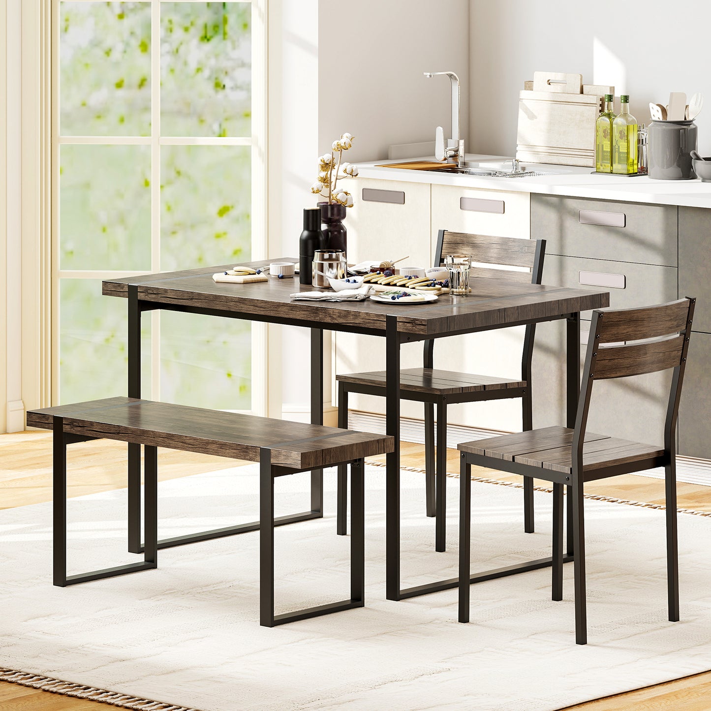 4-Piece Dining Table Set for 4 with 1 Bench and 2 Chairs-Gray