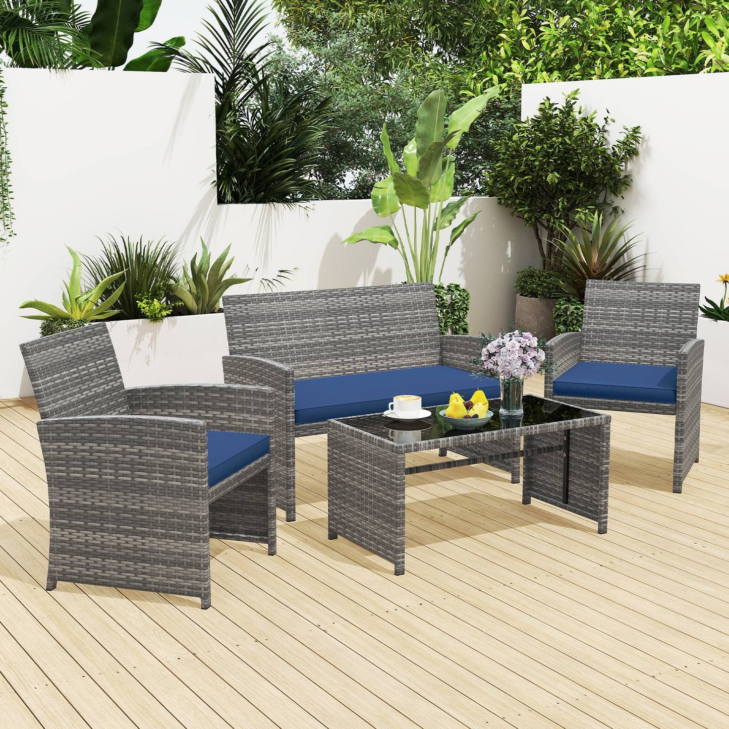 4 Piece Patio Conversation Set Rattan Chair Loveseat and Table Set-Black