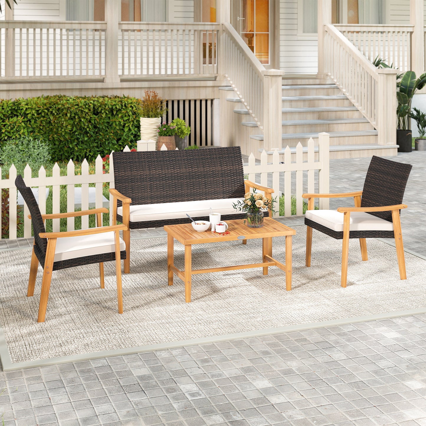 4 Piece Patio Furniture Set PE Rattan Porch Chairs with Acacia Wood Coffee Table and Soft Cushions-White
