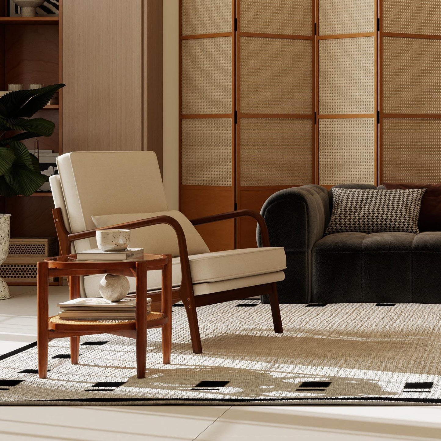 3 Piece Rattan and Wood Living Room Set with Side Table Coffee Table and TV Stand