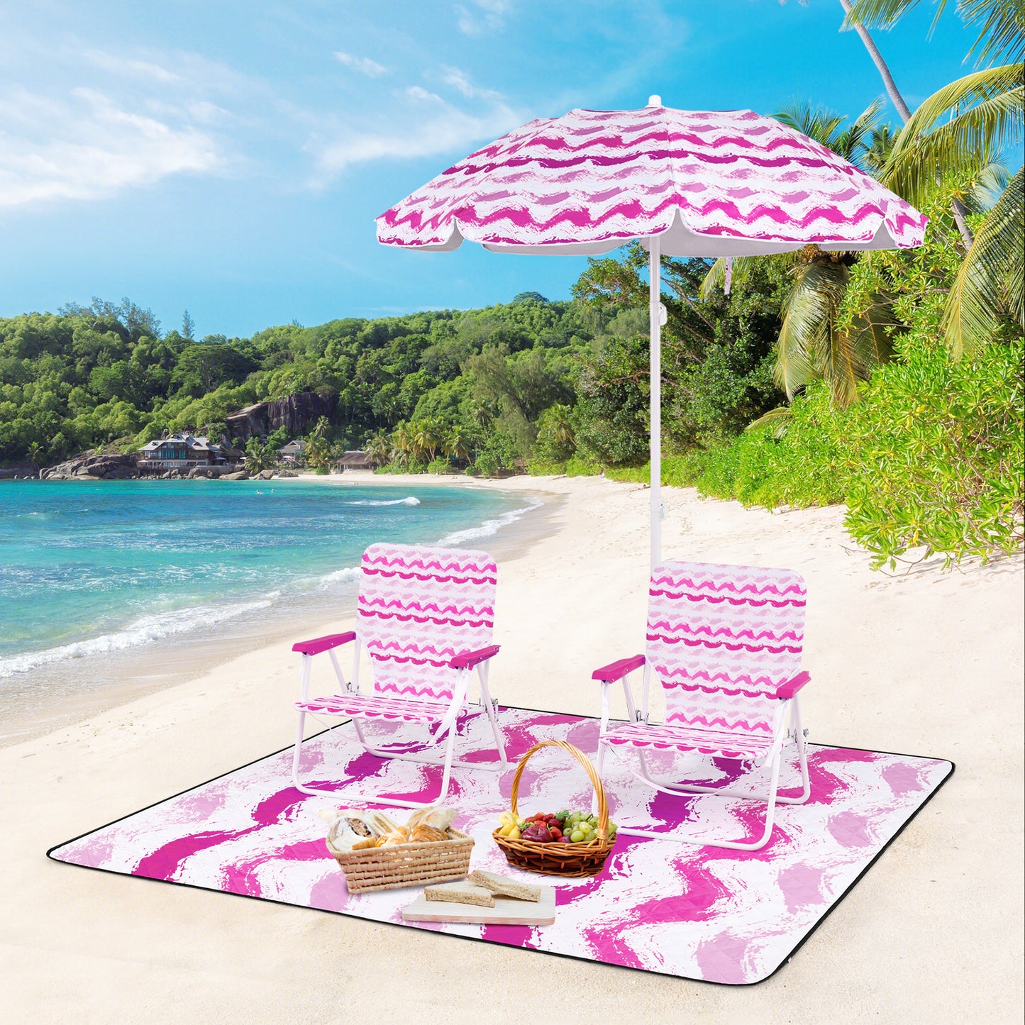 4 Pieces Beach Umbrella Set with 2 Foldable Chairs and Picnic Blanket-Blue