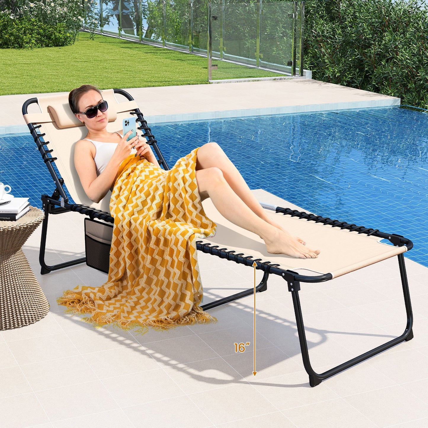 4 Position Folding Lounge Chaise with Adjustable Backrest and Footrest-Beige