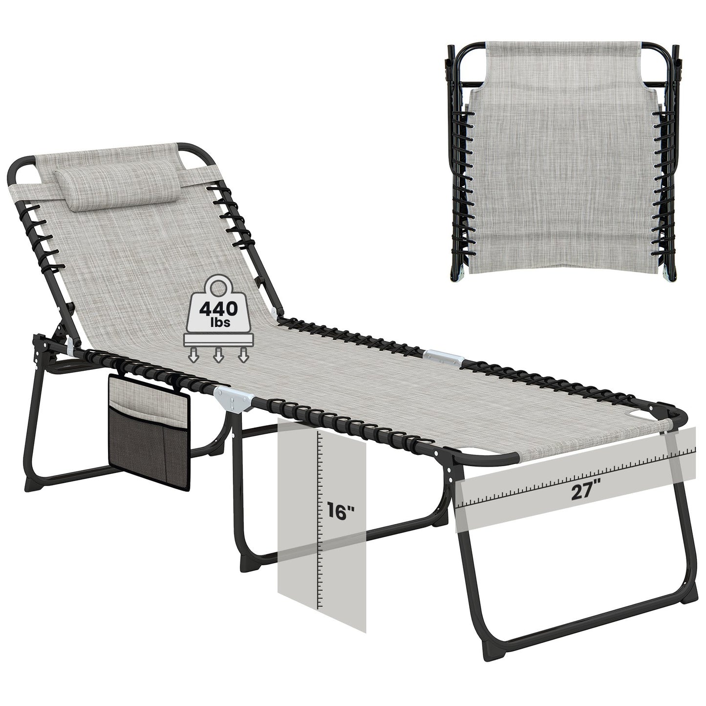 4 Position Folding Lounge Chaise with Adjustable Backrest and Footrest-Beige