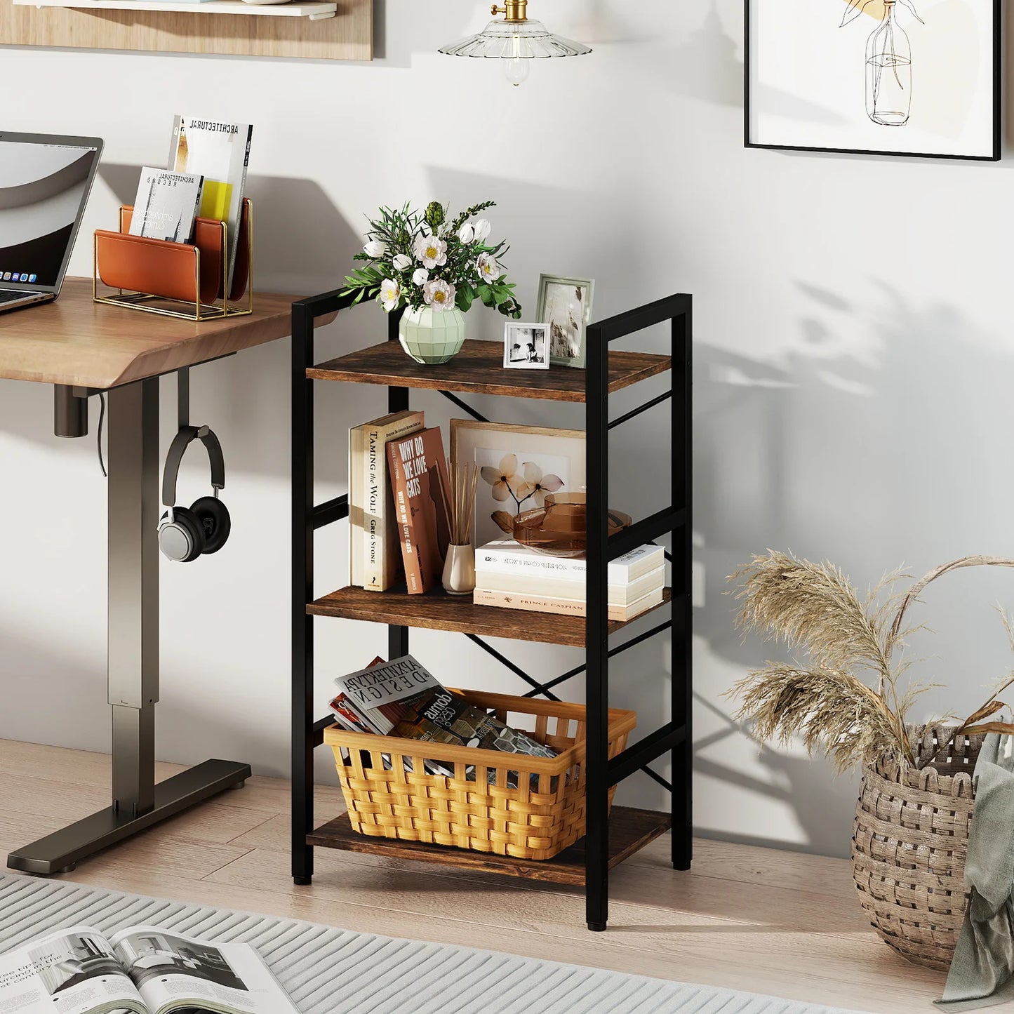 4-Tier Bookshelf with Metal Frame and Wooden Storage Racks for Study-Oak