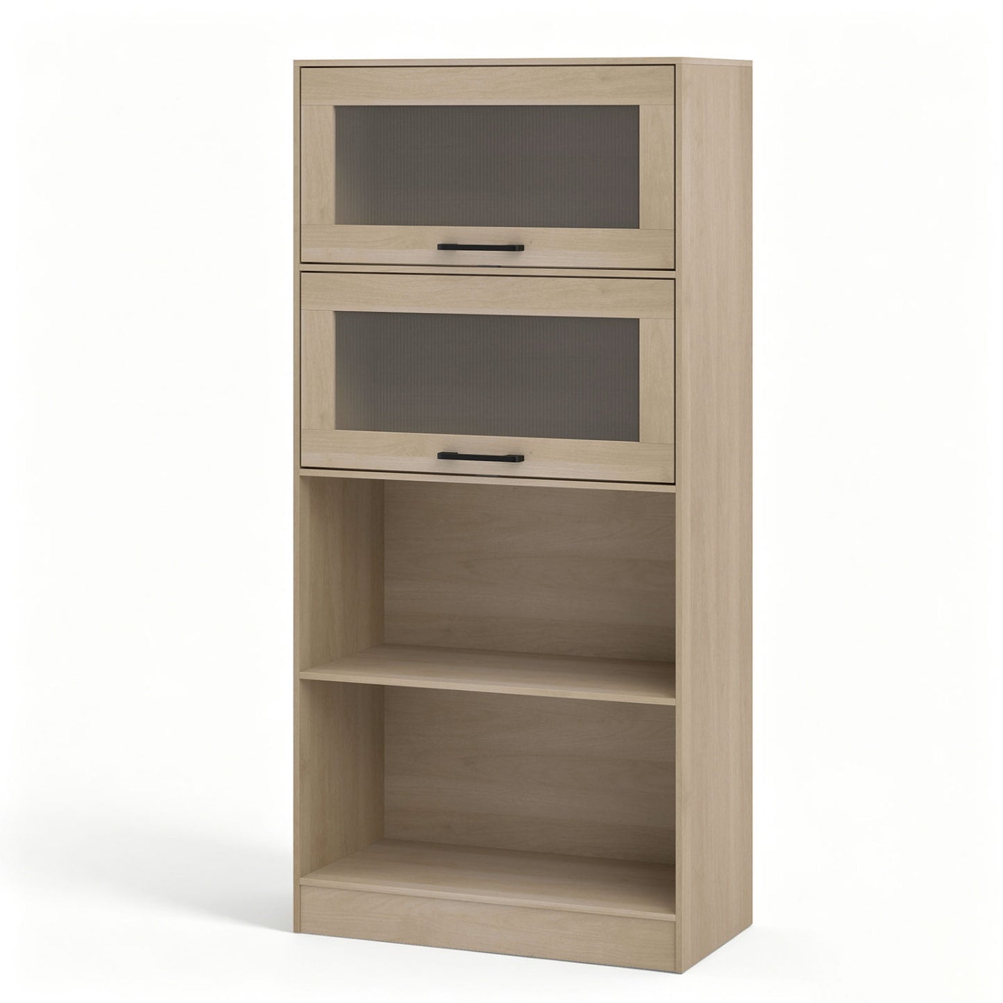 Natural wood 4-tier bookshelf with open compartments and storage cabinets, ideal for home office organization.