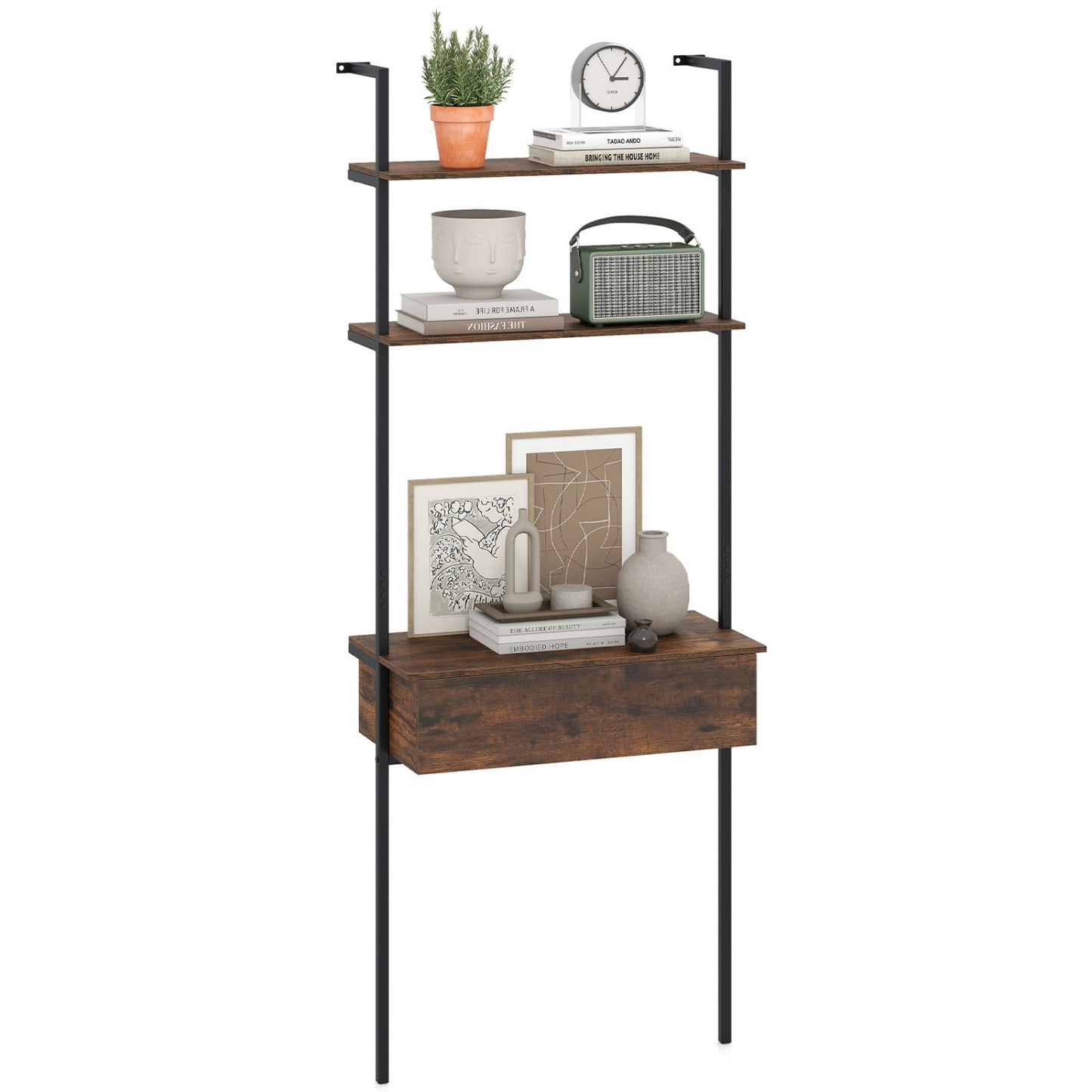 4-Tier Ladder Bookshelf with Drawer and Metal Frame for Living Room-Natural