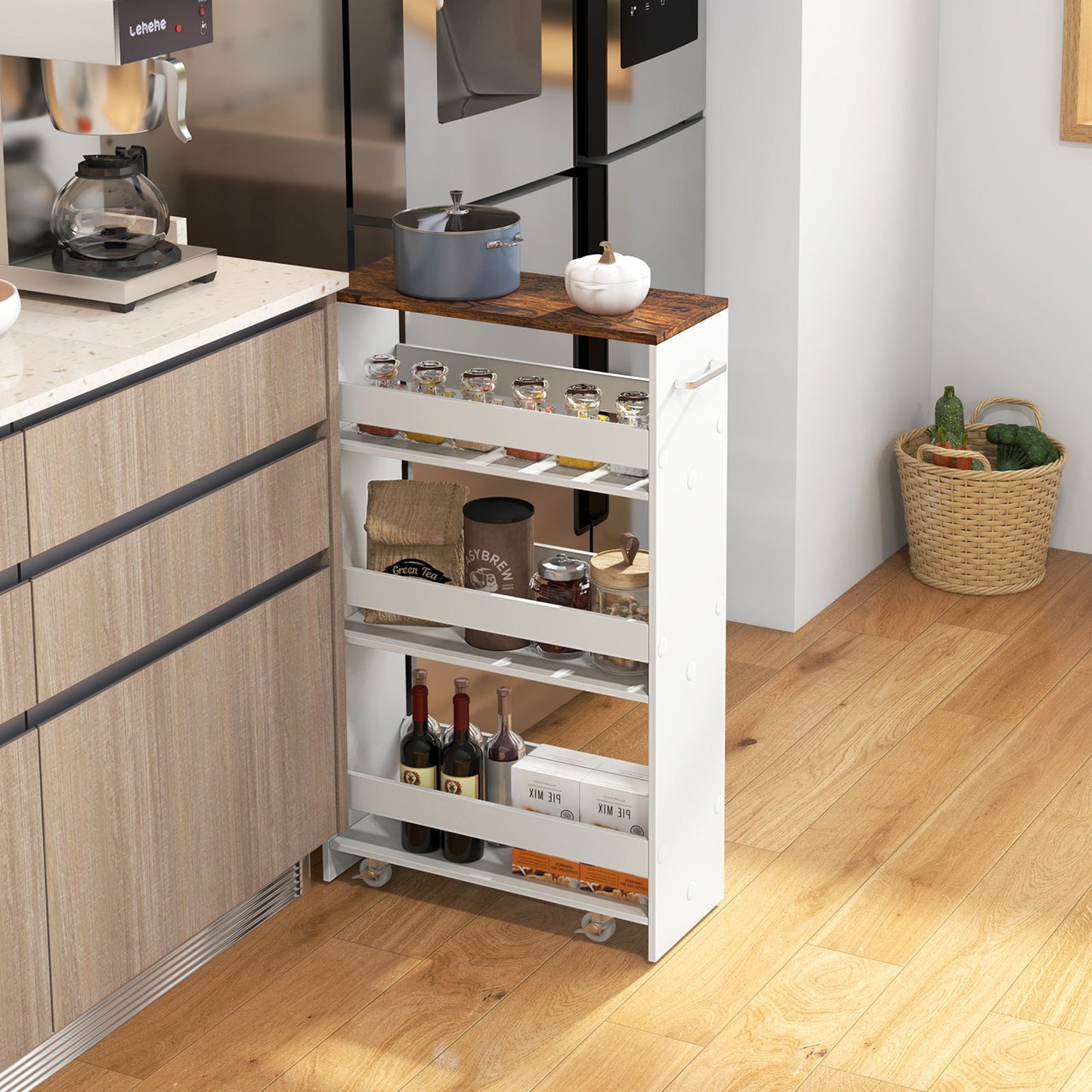 4-Tier Rolling Storage Cart Slim Kitchen Cart on Wheels with Open Shelves and Handle-Black