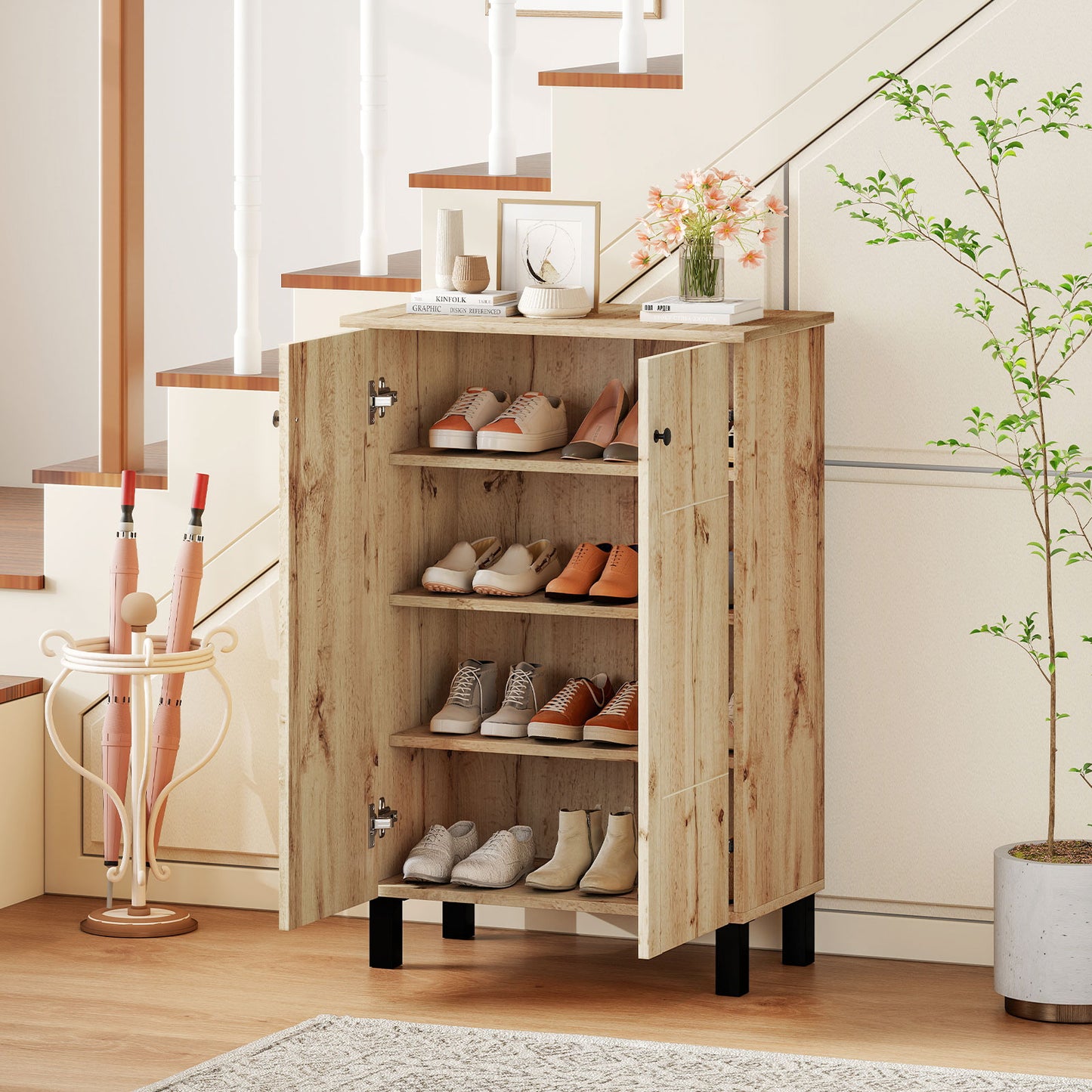 4-Tier Shoe Organizer with Removable Shelves and 2 Doors-Natural