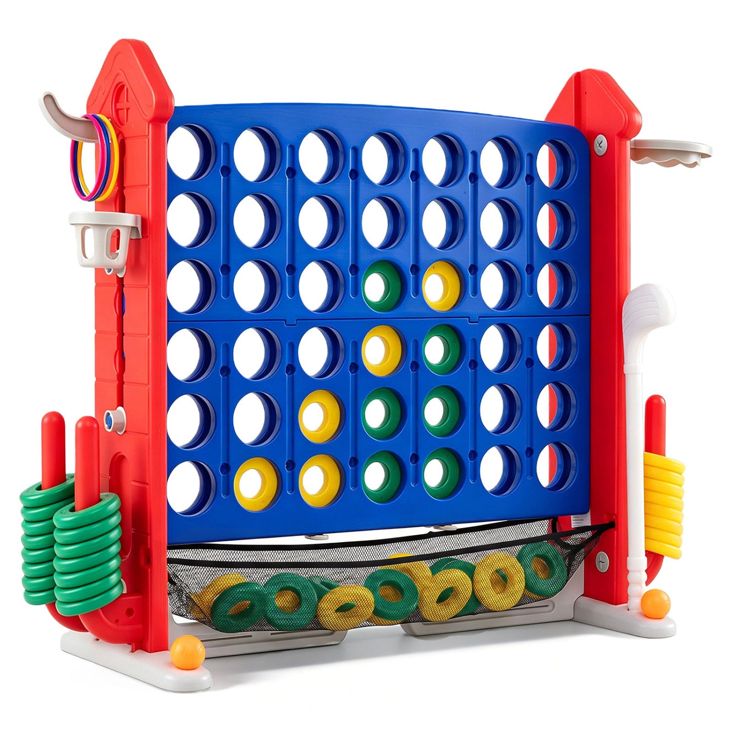4-in-1 Height Adjustable Row Connect Game with Mesh Net and Carrying Bag-Blue