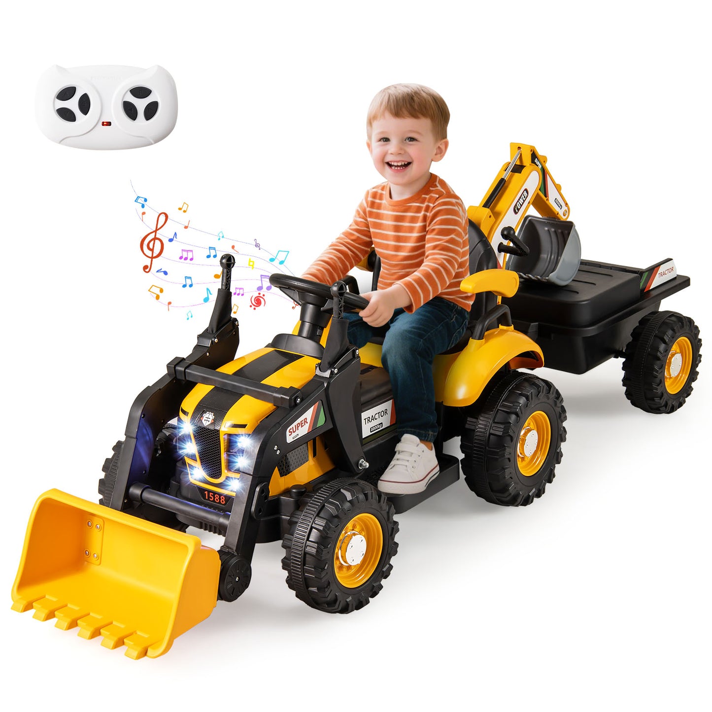 4-in-1 Kids Ride on Tractor 12V Excavator Bulldozer with Remote Control-Yellow