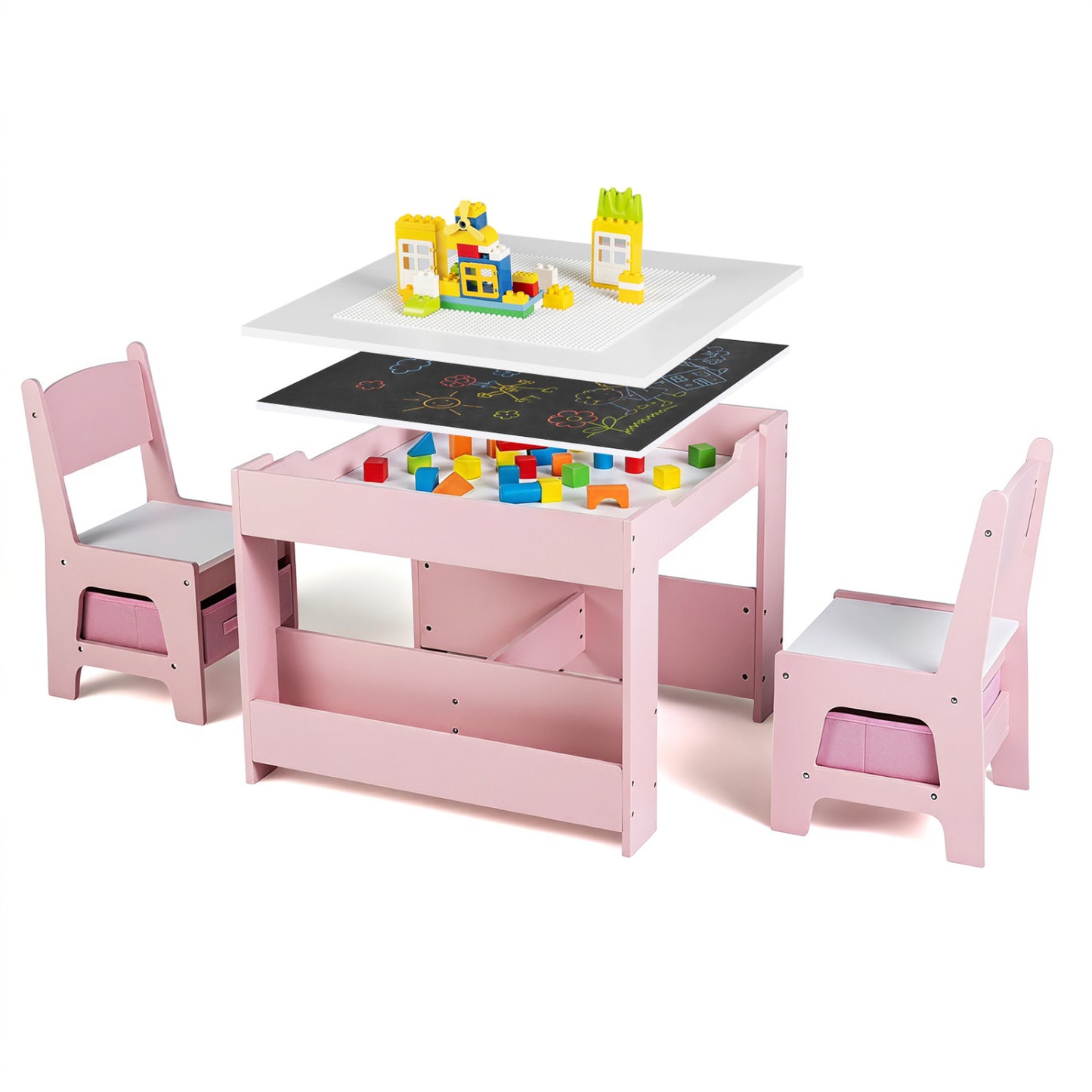 4 in 1 Kids Table and Chairs with Building Blocks and Bookshelves-Grey
