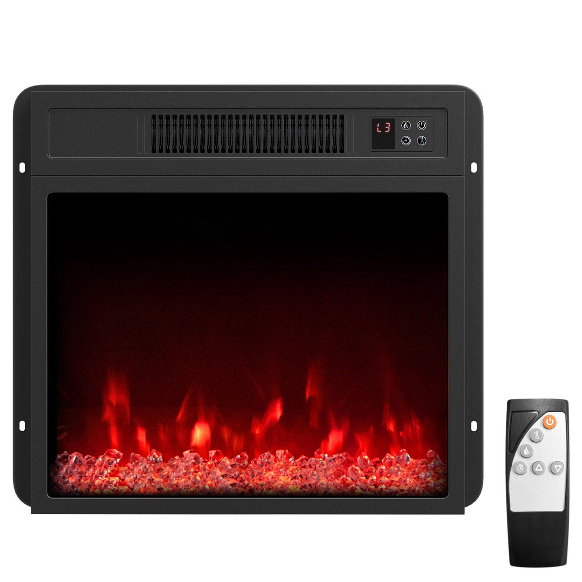Black 5000 BTU 18-inch electric fireplace insert with remote control and adjustable brightness for modern home heating.