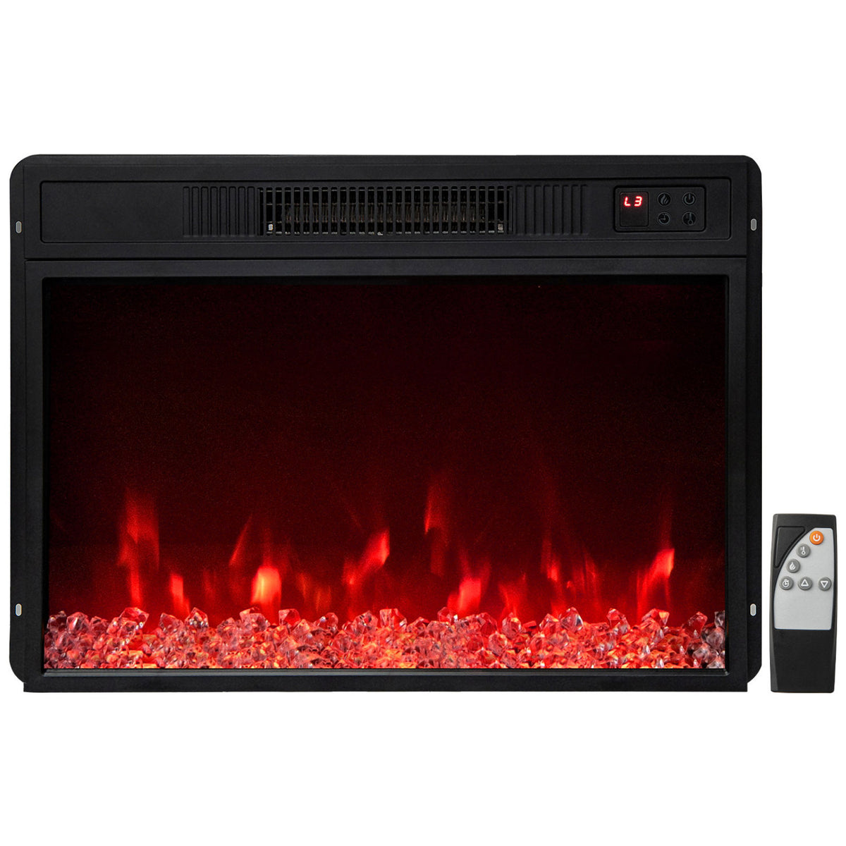 Black 23-inch electric fireplace insert with 5000 BTU heat output and remote control, designed for climate control and ambiance.