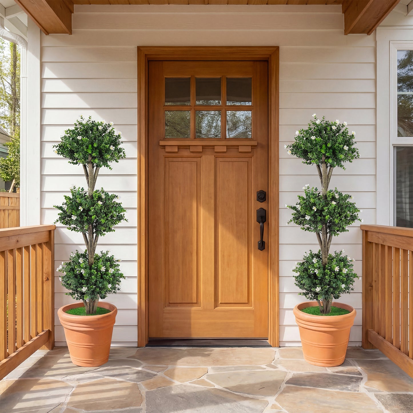 51" Artificial Triple Ball Boxwood Topiary Tree with 59 Blossoms-Purple