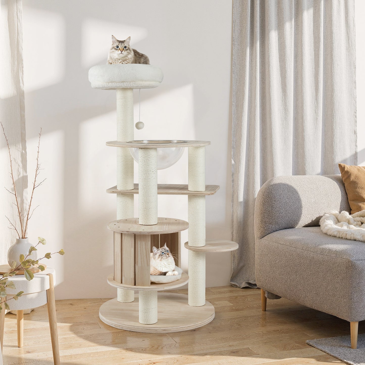 52 Inches Tall Wooden Cat Tree with Washable Plush Cushions and Multi-Level Climbing Stand