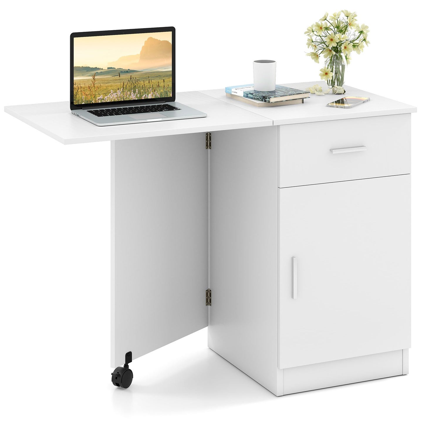 Folding Computer Desk with Drawer Mobile Home Office Desk with Cabinet-Black
