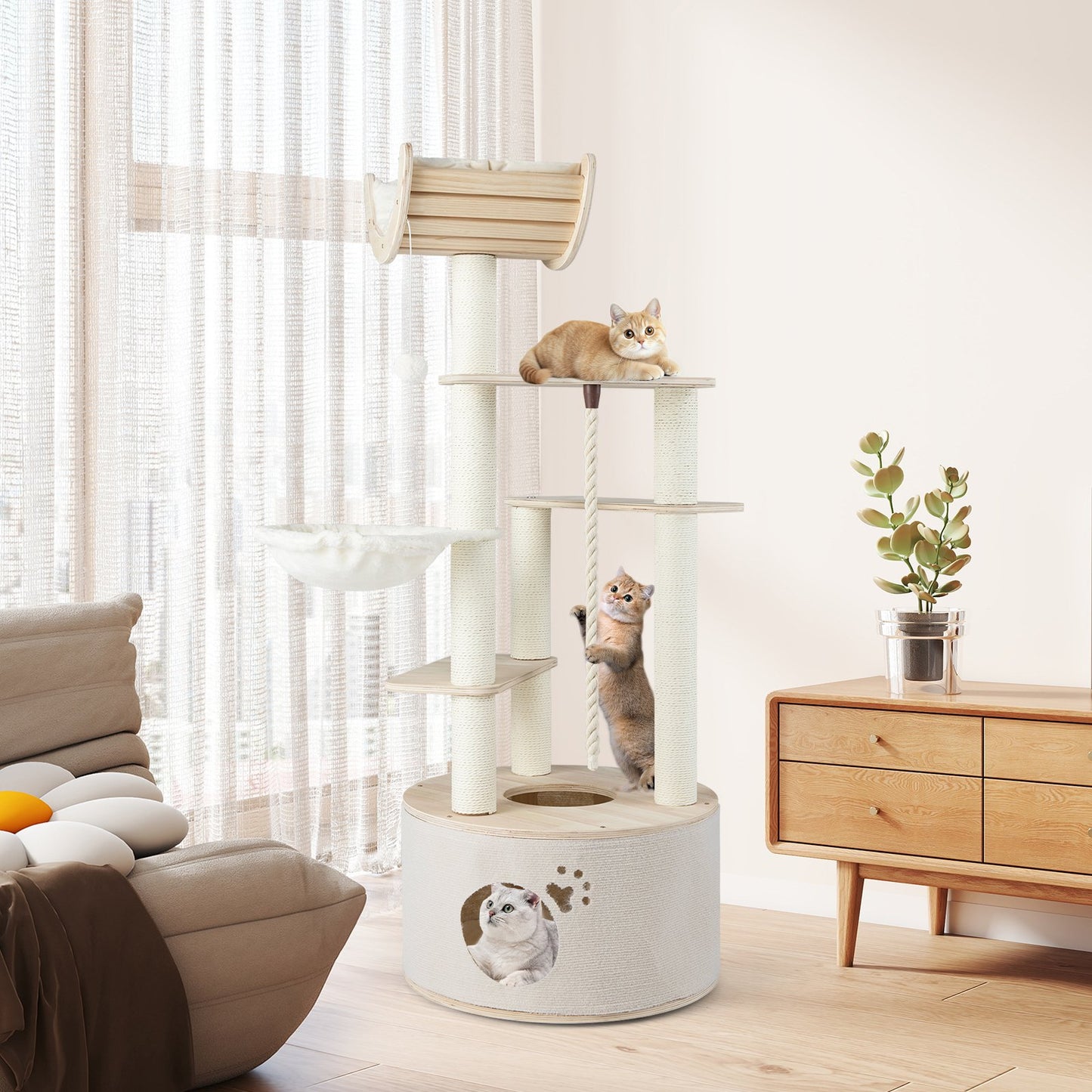 55.5 Inches Tall Wooden Cat Tree with Washable Plush Cushions for Indoor Cats