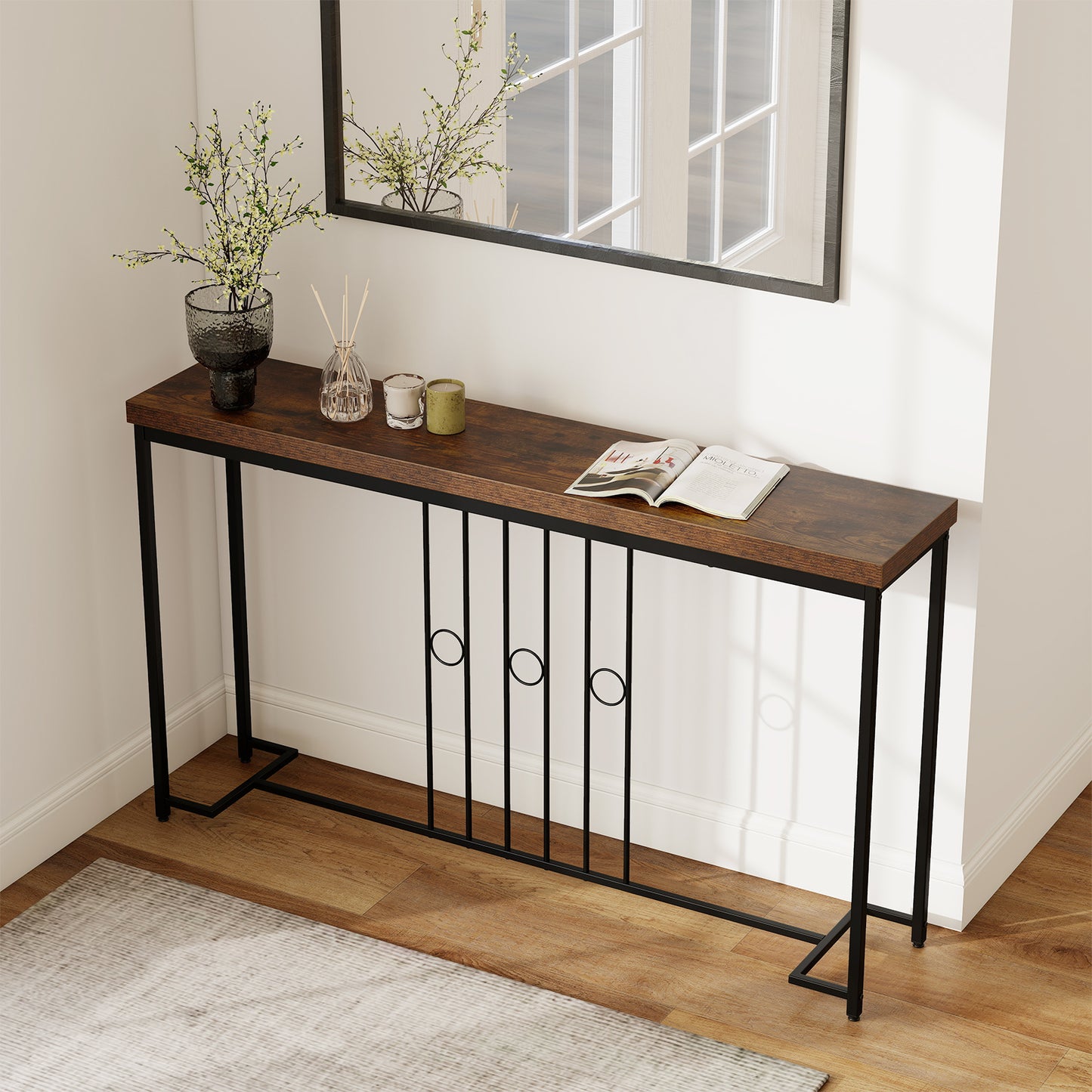 55" Industrial Console Table with H-Shaped Base-Brown