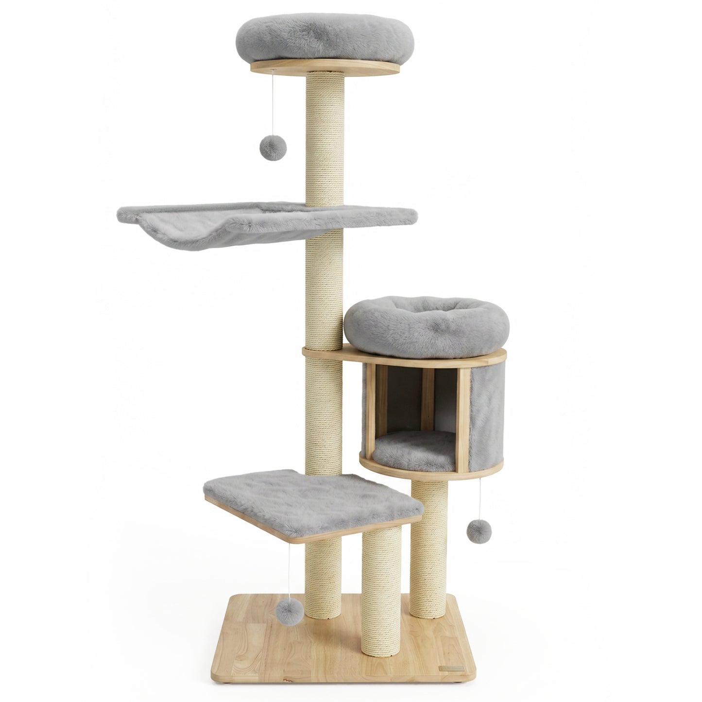 55" Solid Rubber Wood Cat Tree with Condo & Hammock and Scratching Posts for Adult Cats-Beige