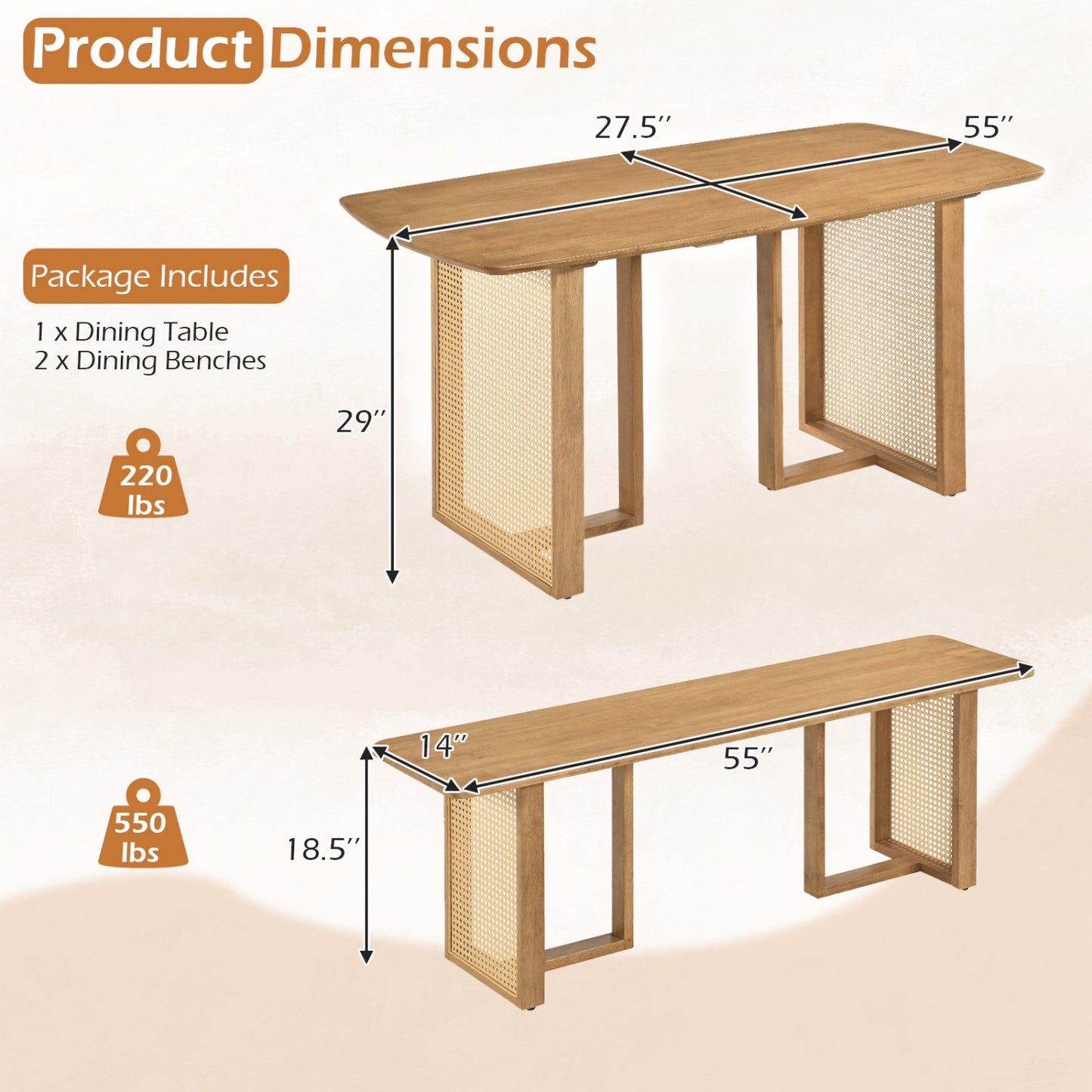 55” Solid Rubber Wood Dining Table Set Boho Rectangular Dining Table with 2 Benches-Natural