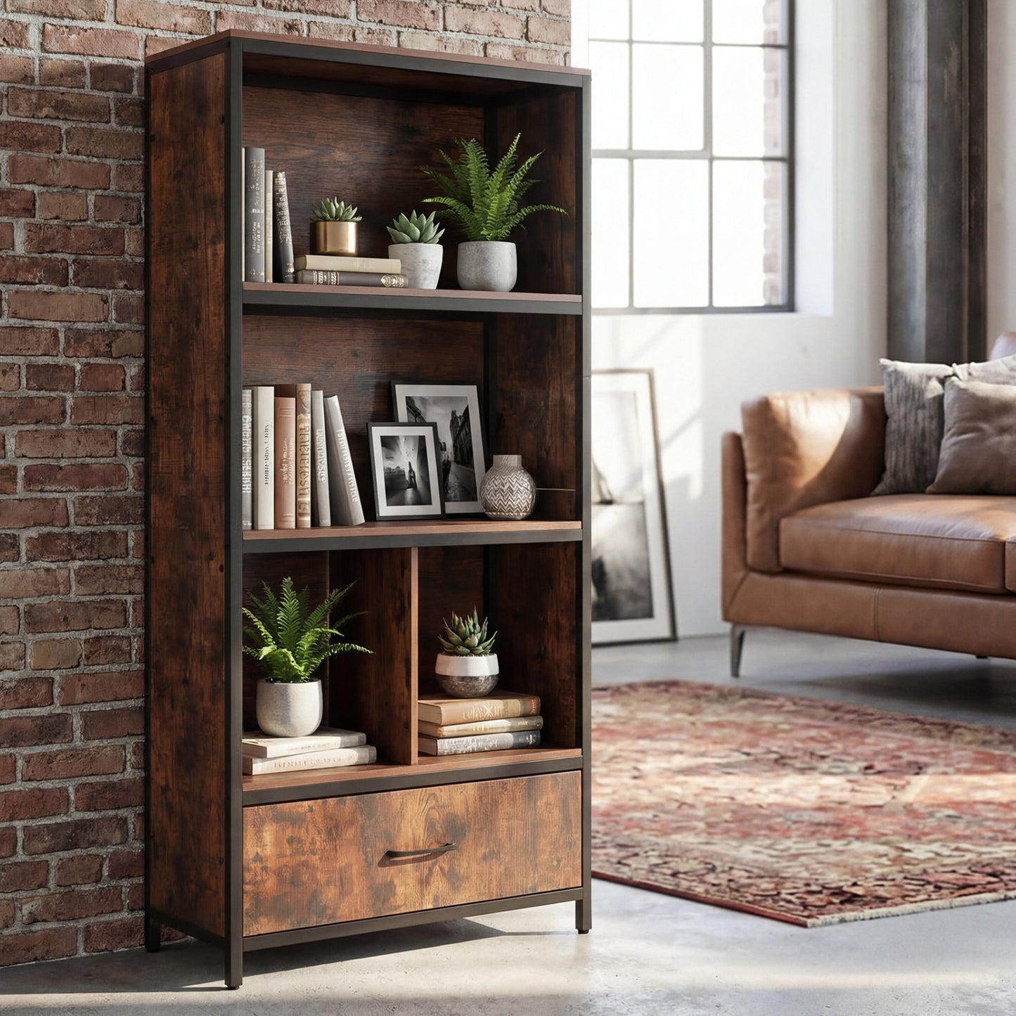 Natural wood 56-inch tall freestanding bookcase with five shelves and a drawer for home office storage.