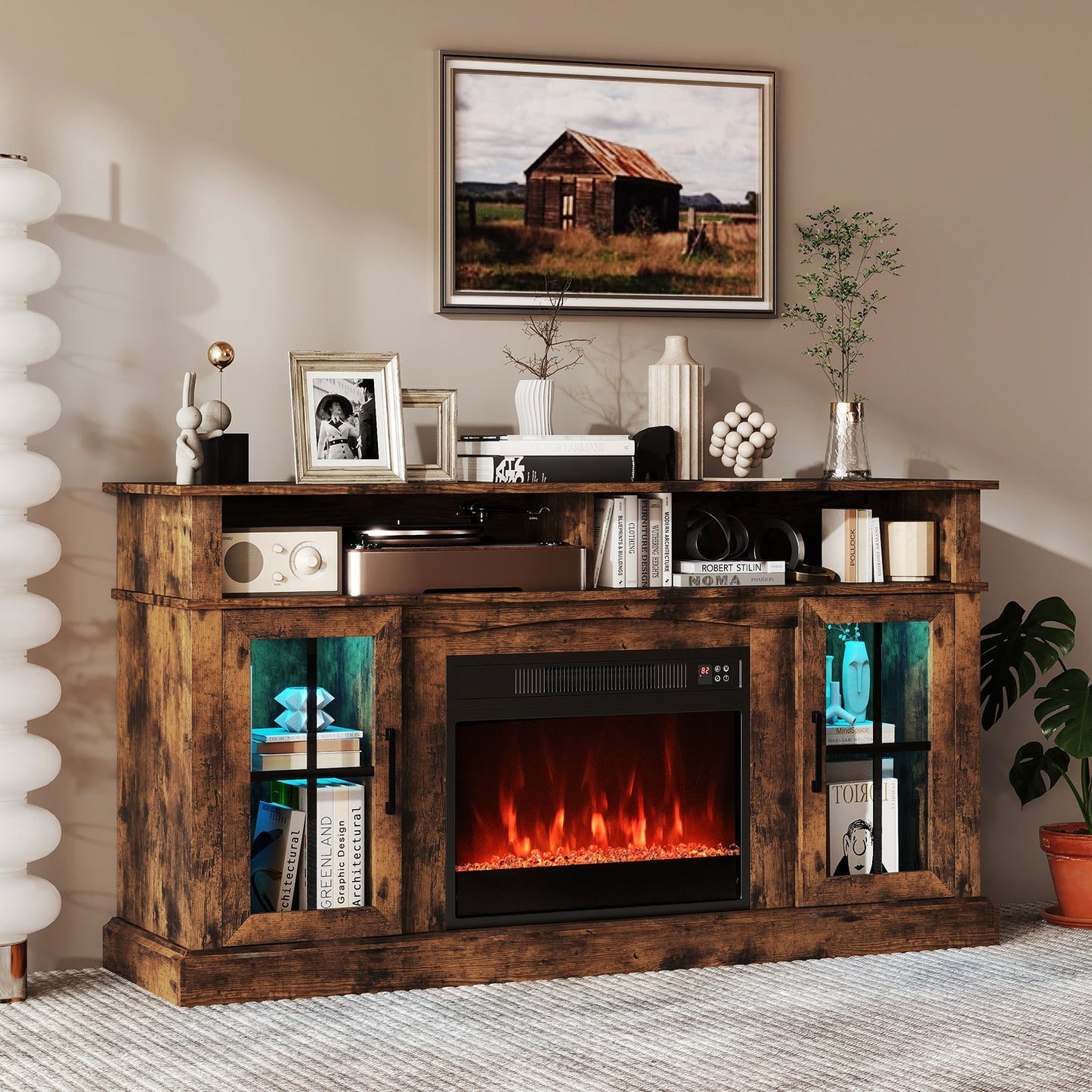 58 Inch Fireplace TV Stand with LED Lights with Storage Cabinets and Glass Doors-Black