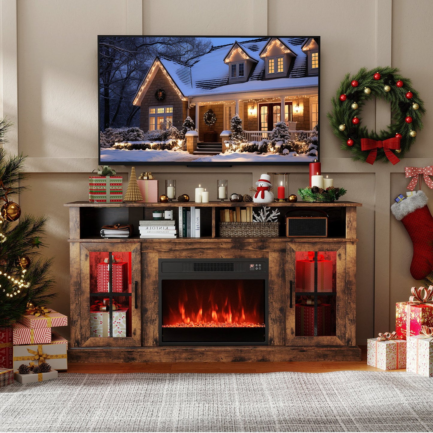 58 Inch Fireplace TV Stand with LED Lights with Storage Cabinets and Glass Doors-Black